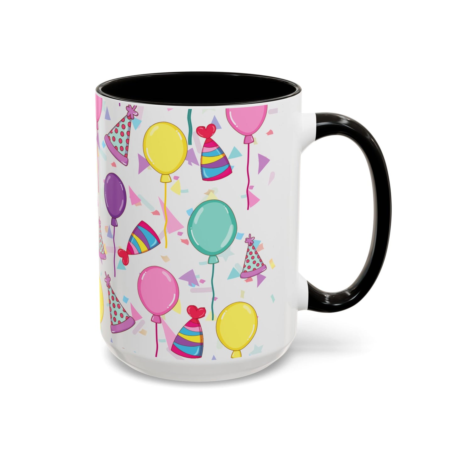 Happy Birthday mug with black accent color with birthday hats, confetti and balloons pattern on a white background