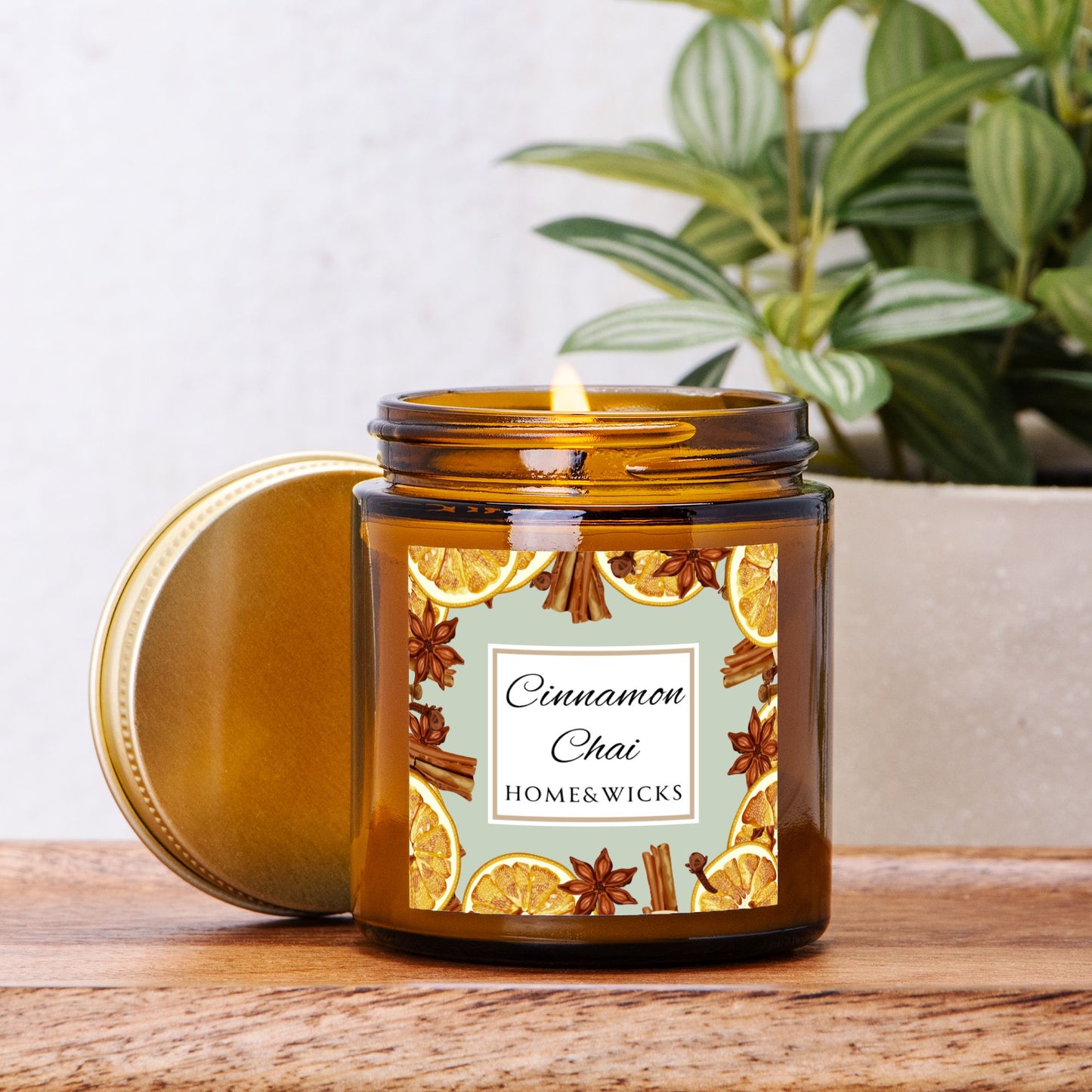 Cinnamon Chai Coconut Apricot Wax Candle, 4 oz. Amber Jar with Gold Lid, Cotton Wick- Cozy Aromatherapy, Spicy Scented Candle, Fall, Winter
