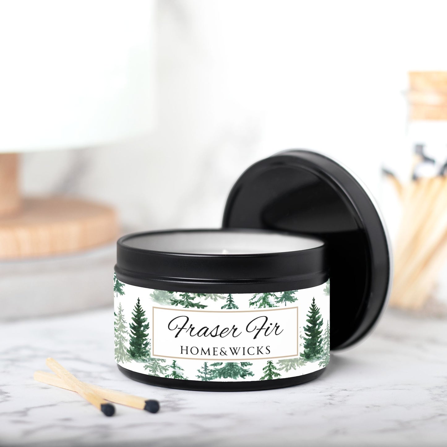Fraser Fir Coconut Soy Wax Candle, 8 oz. Black Tin Jar with Lid - Christmas Candle, Holiday Decor, Winter Candle