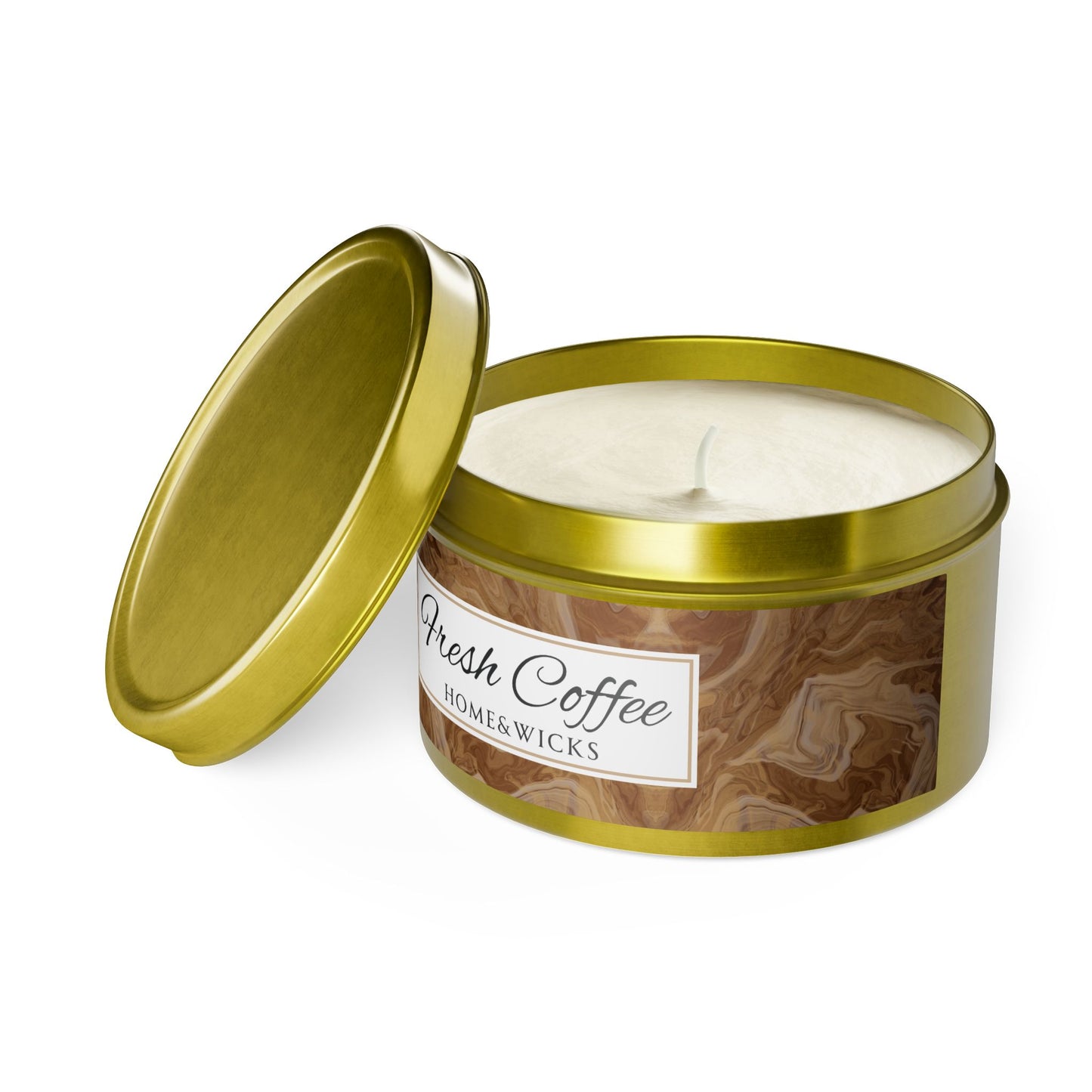 Fresh Coffee Scented Coconut Soy Wax Candle, 8 oz. Gold Tin Jar with Lid - Winter Home Decor, Seasonal Candles for Holiday Celebrations, Christmas Candle