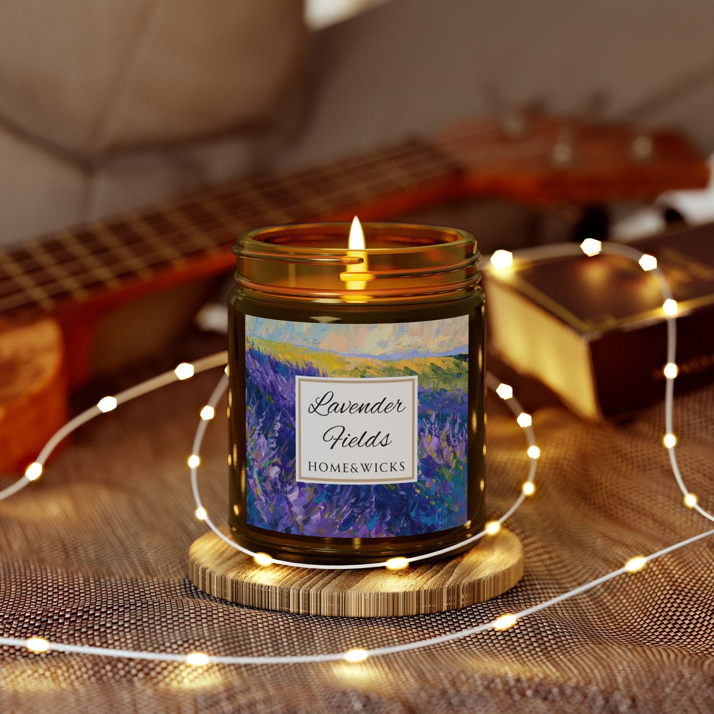 Lavender Fields Scented Coconut Apricot Wax Candle, 9 oz. Amber Jar with Gold Lid - Lavender Scented Candle, Home Decor, Spa Floral Candle