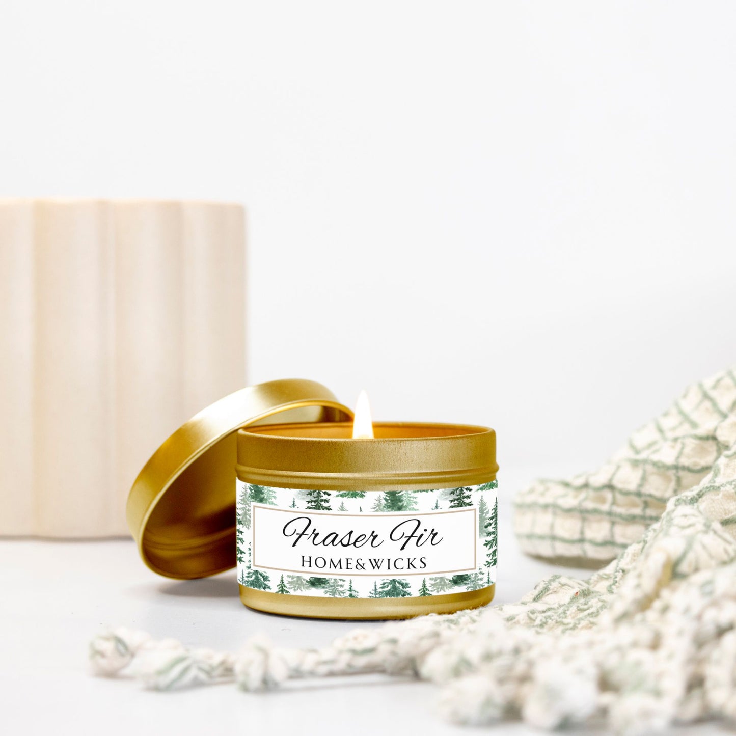 Fraser Fir Coconut Soy Wax Candle, 4 oz. Gold Tin Jar with Lid -Christmas Candle, Holiday Decor, Winter Candle