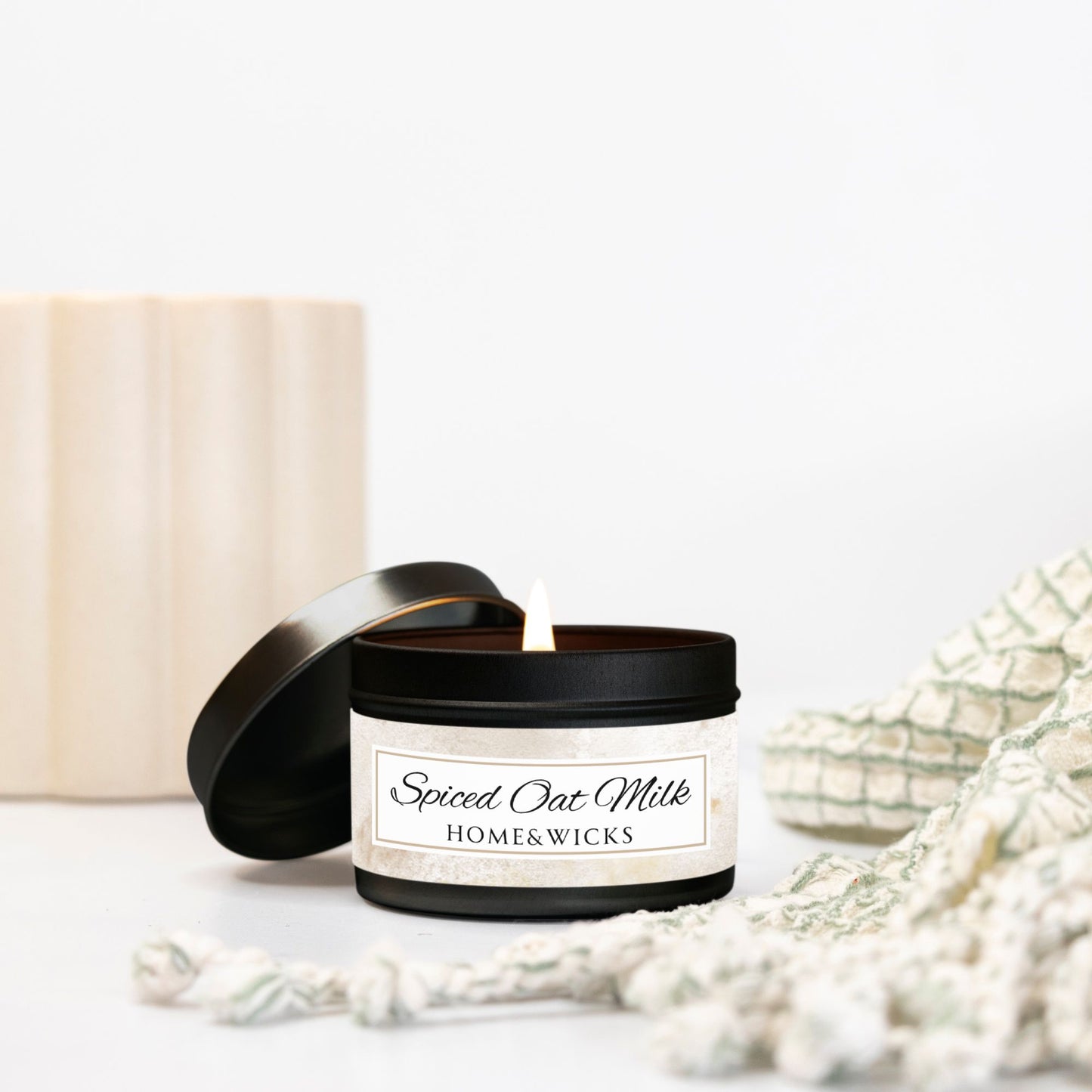 Spiced Oat Milk Scented Coconut Soy Wax Candle, 4 oz. Black Tin Jar with Lid - Cinnamon Scented Candle, Cozy Candle, Gourmand Spice Candle
