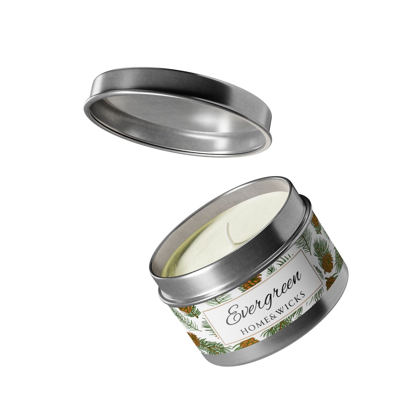 Evergreen Scented Coconut Soy Wax Candle, 4 oz. Silver Tin Jar with Lid - Winter Home Decor, Seasonal Candle for Holiday Celebrations, Christmas Candle