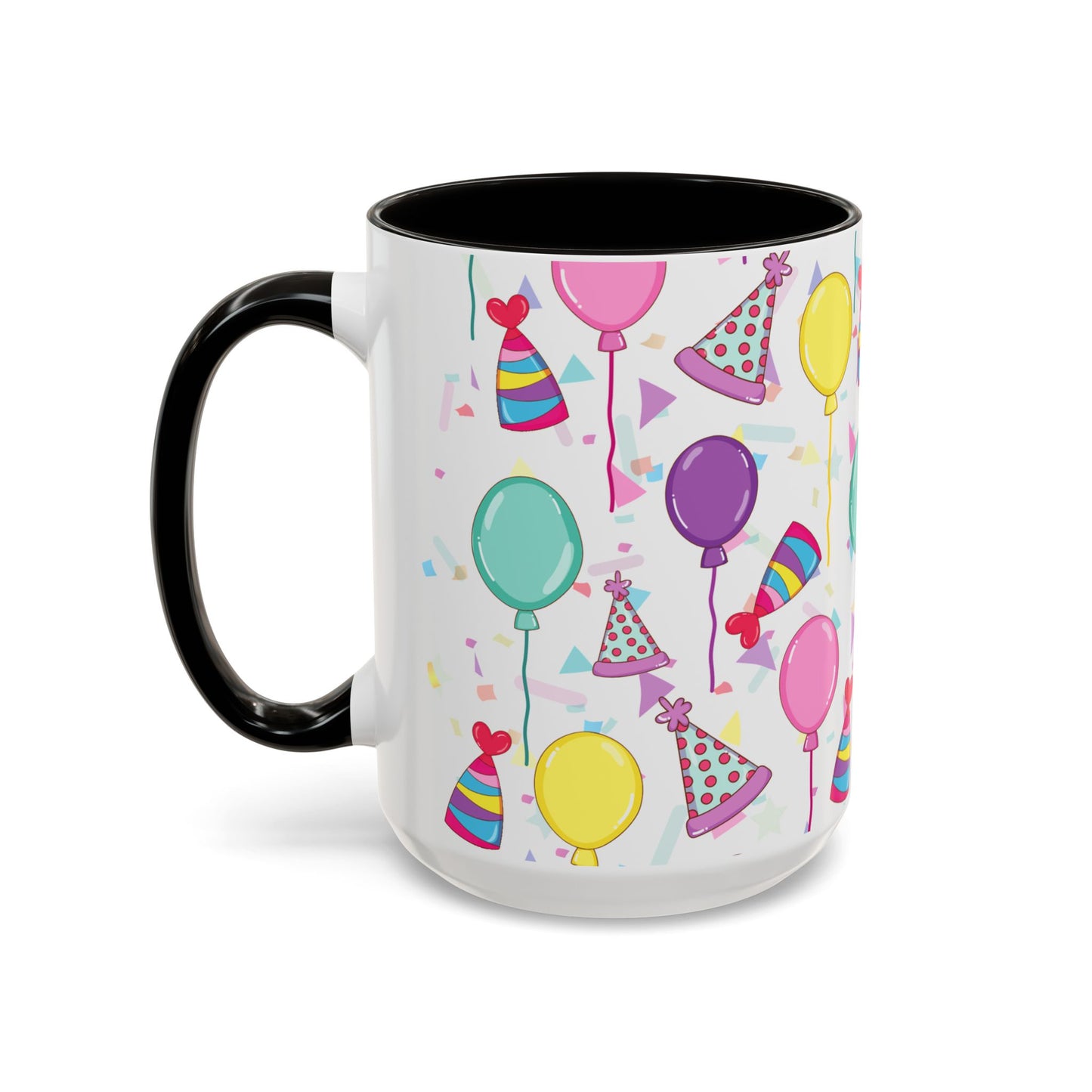 Happy Birthday mug with black accent color with birthday hats, confetti and balloons pattern on a white background