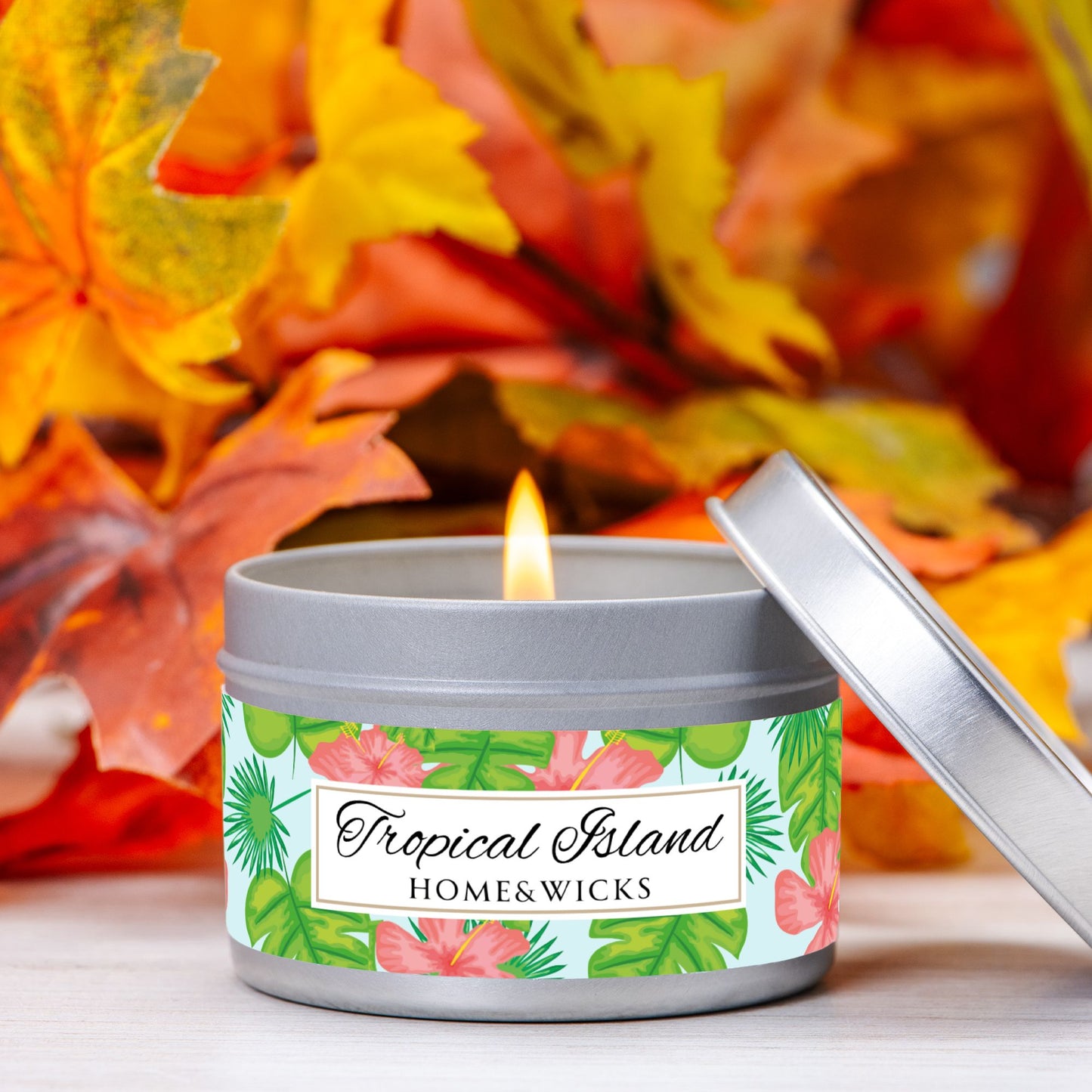 Tropical Island Coconut Soy Wax Candle, 4 oz. Silver Tin Jar with Lid - Tropical Candle, Fruit Scented Candle, Tropical Decor