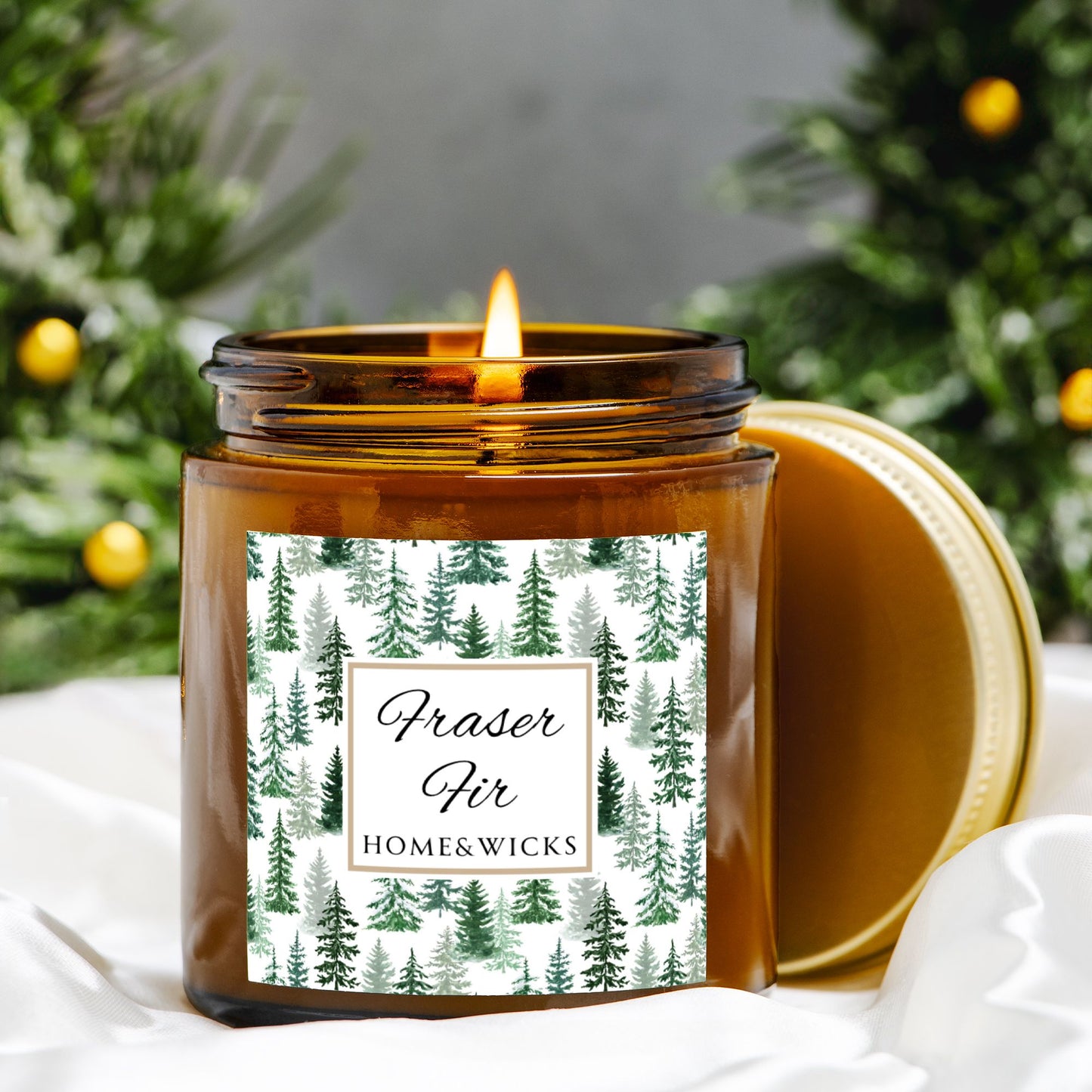 Fraser Fir Coconut Apricot Wax Candle, 4 oz. Amber Jar with Gold Lid, Cotton Wick - Christmas Candle, Holiday Decor, Winter Candle