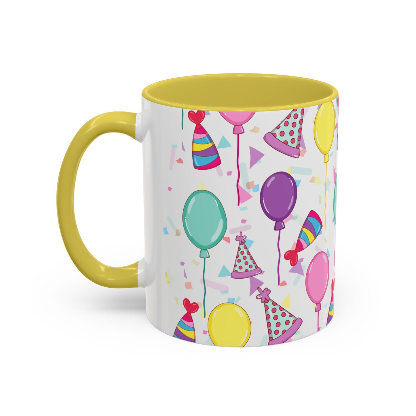 Happy Birthday mug with yellow accent color with birthday hats, confetti and balloons pattern on a white background