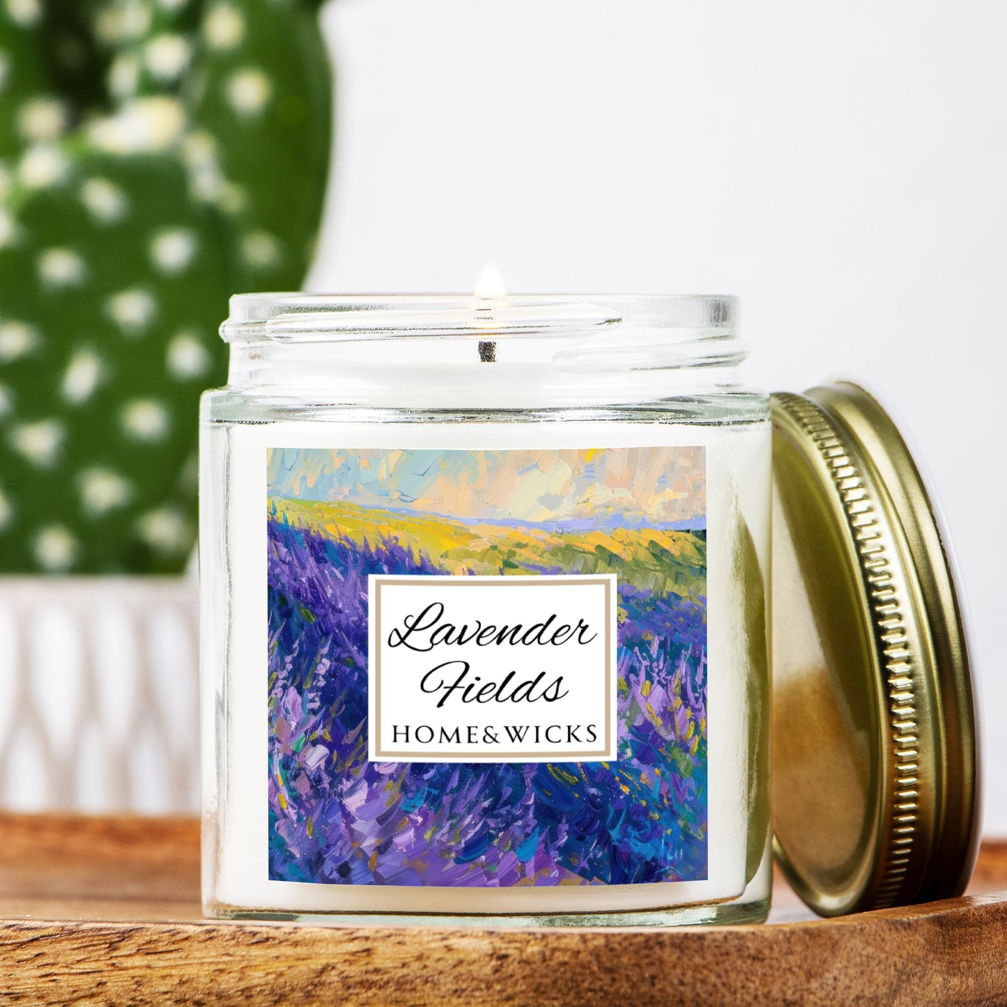 Lavender Fields Coconut Apricot Wax Candle, 4 oz. Clear Jar with Gold Lid - Lavender Scented Candle, Lavender Home Decor, Spa Floral Candle