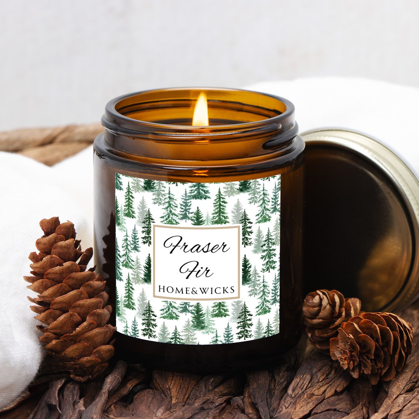 Fraser Fir Coconut Apricot Wax Candle, 4 oz. Amber Jar with Gold Lid, Cotton Wick - Christmas Candle, Holiday Decor, Winter Candle