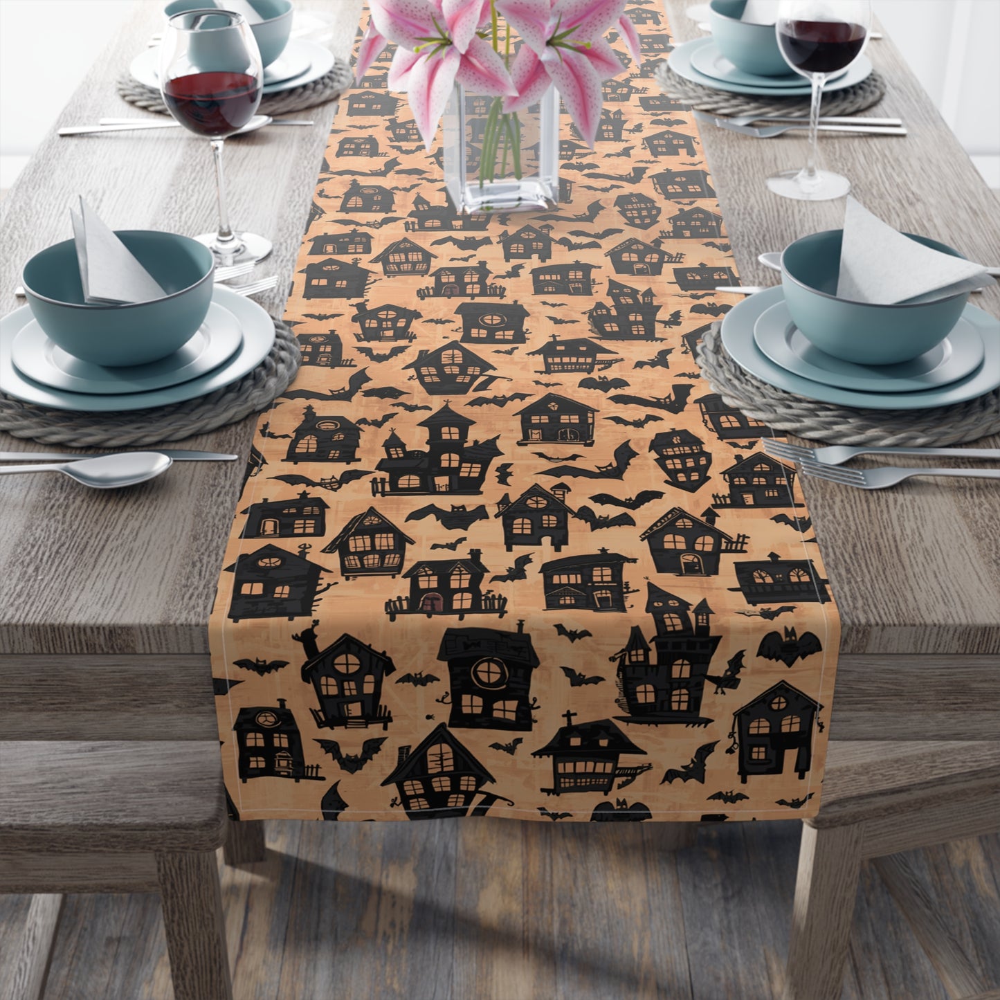 Haunted Houses Halloween Themed Table Runner- 16" x 72" or 16" x 90" Sizes, Spooky Home Decor, Halloween Party Decoration, Halloween Table Runner - Cotton Twill or Polyester material choices