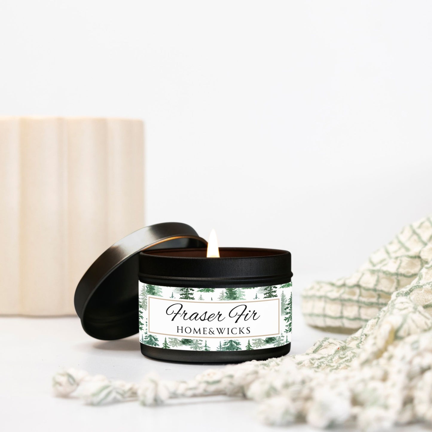 Fraser Fir Coconut Soy Wax Candle, 4 oz. Black Tin Jar with Lid - Christmas Candle, Holiday Decor, Winter Candle