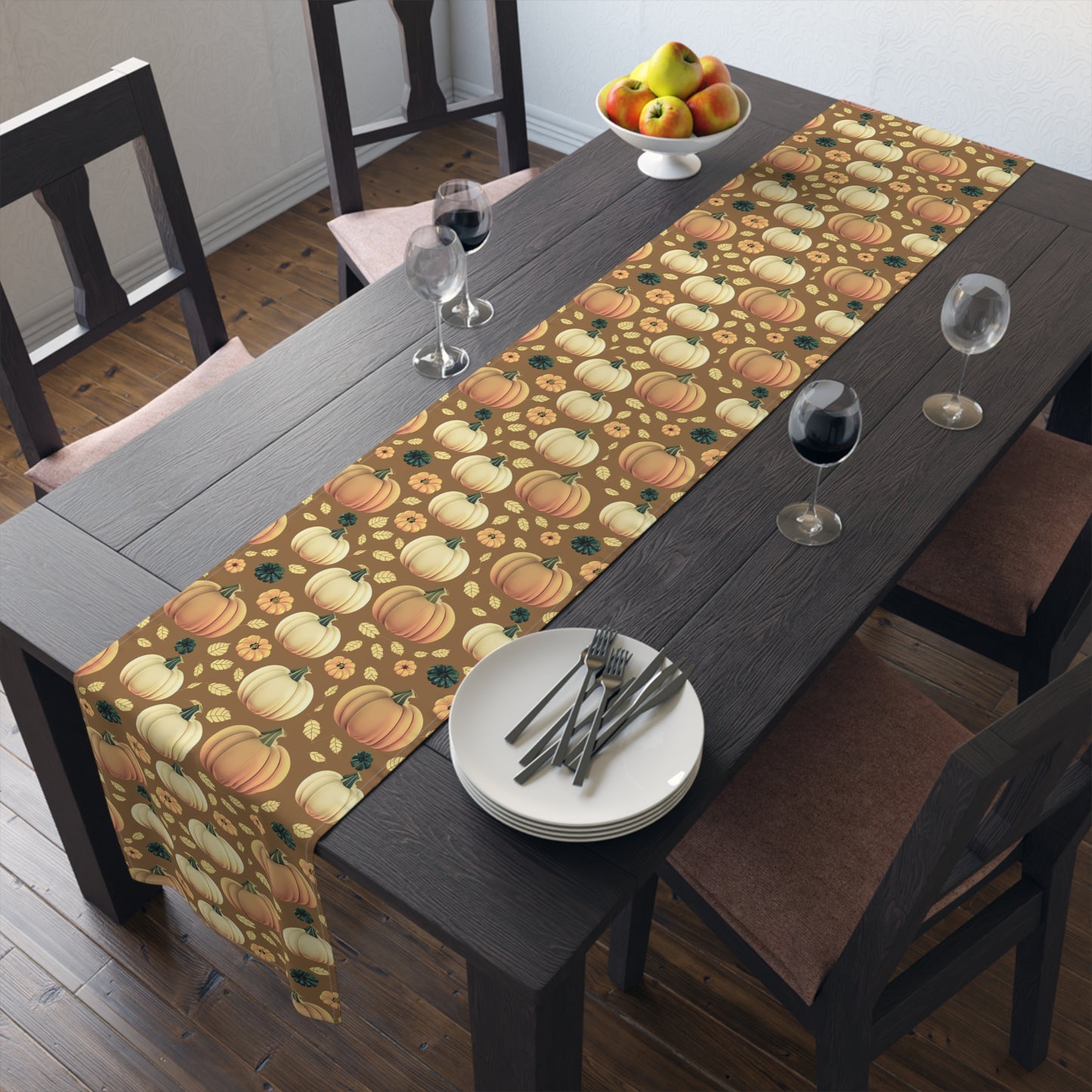 Fall Pumpkin Table Runner - 16" x 72" or 16" x 90" Size Options - Thanksgiving / Fall Table Runner, Pumpkin Thanksgiving Design Table Setting, Halloween Fall Decor - Cotton Twill or Polyester choices