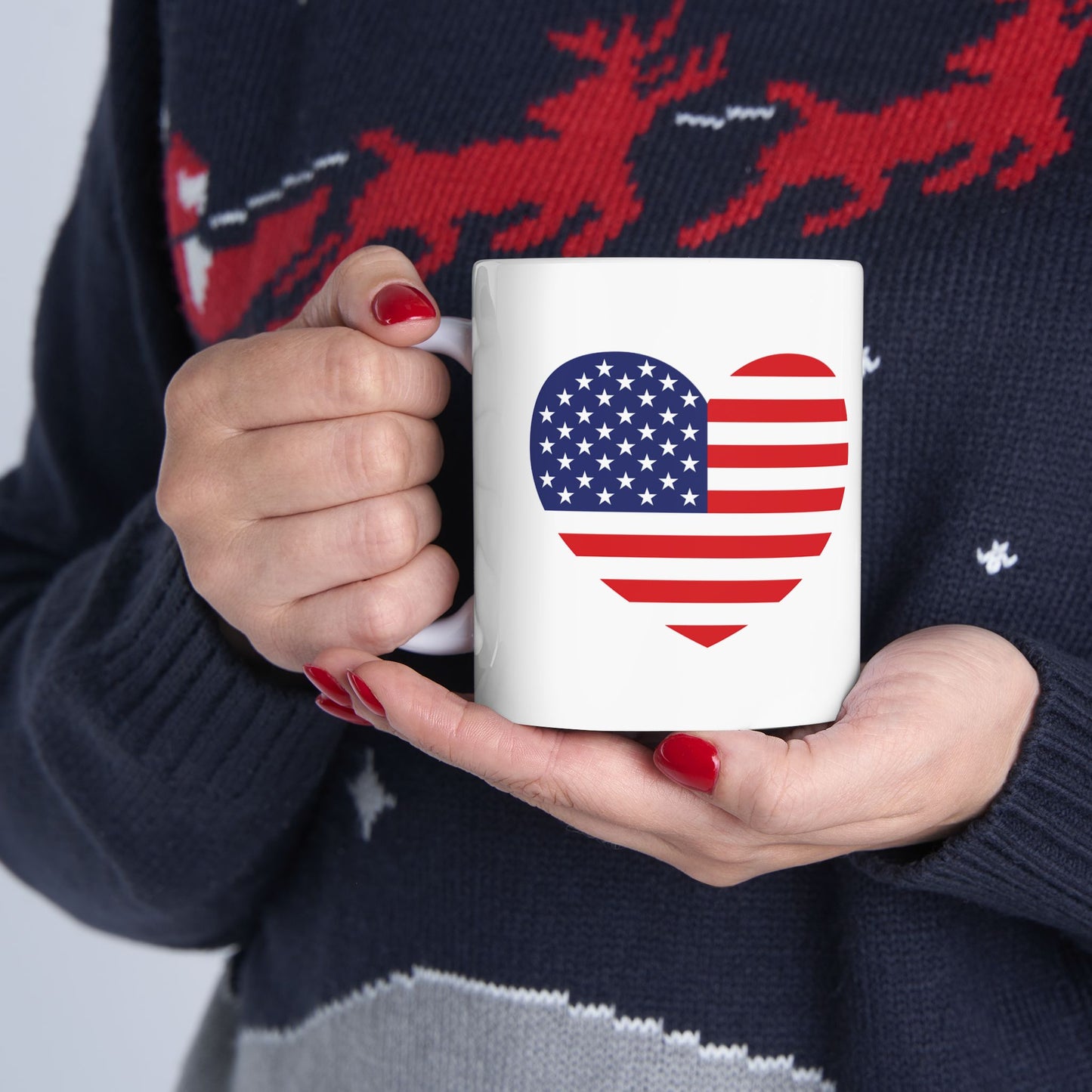 American Flag Heart Mug - 11 oz. & 15 oz. size options - Patriotic Heart Ceramic Mug, Independence Day Gift, Patriotic Coffee Cup, Love USA Drinkware