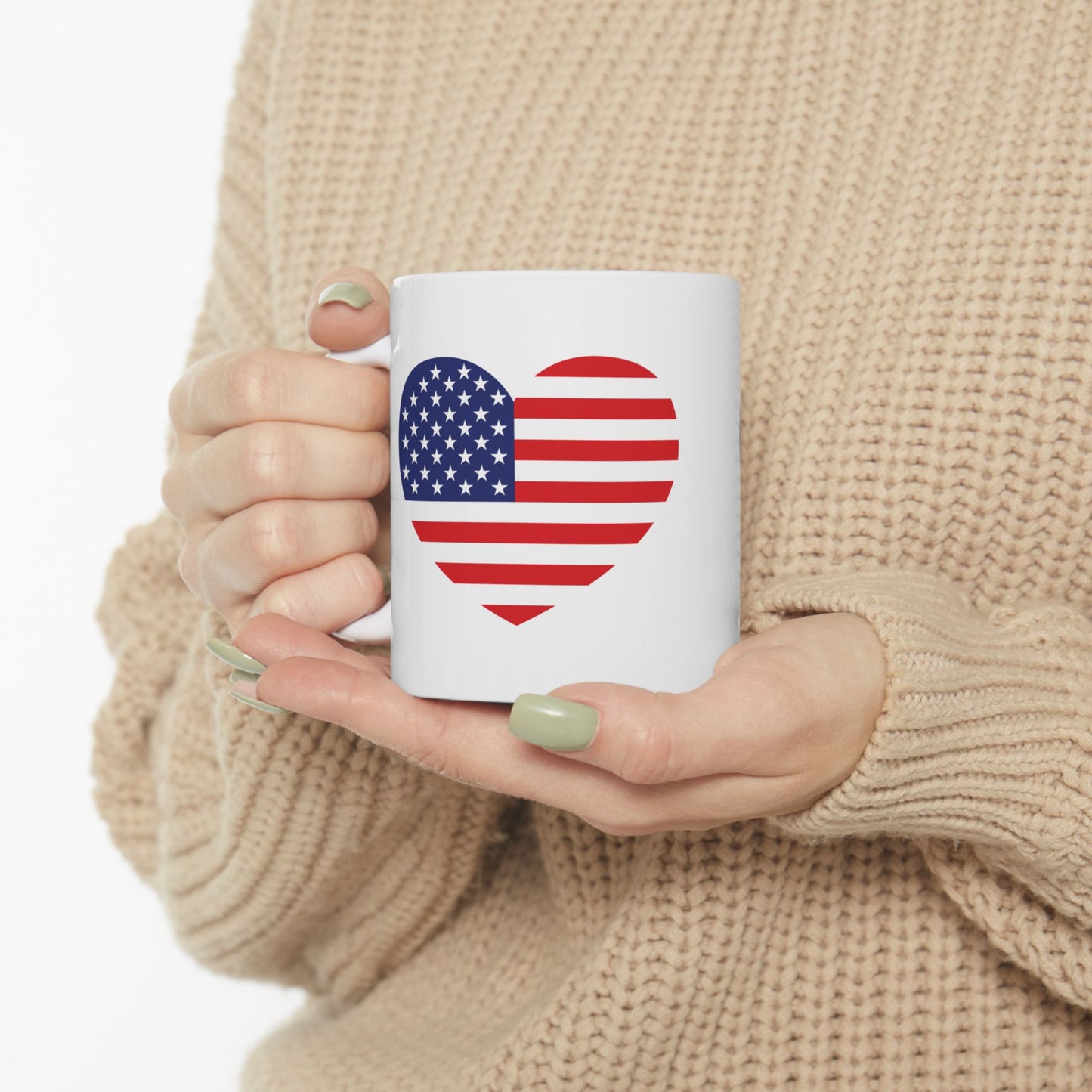 American Flag Heart Mug - 11 oz. & 15 oz. size options - Patriotic Heart Ceramic Mug, Independence Day Gift, Patriotic Coffee Cup, Love USA Drinkware