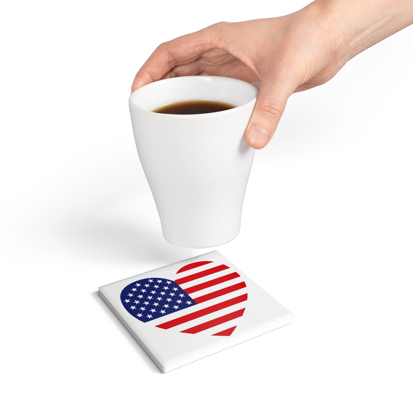 American Flag Heart Ceramic Tile Coaster - Square or Round Shape Choices, USA Flag Drink Coasters, Home Decor for Independence Day, Fourth of July Party, Priced per coaster