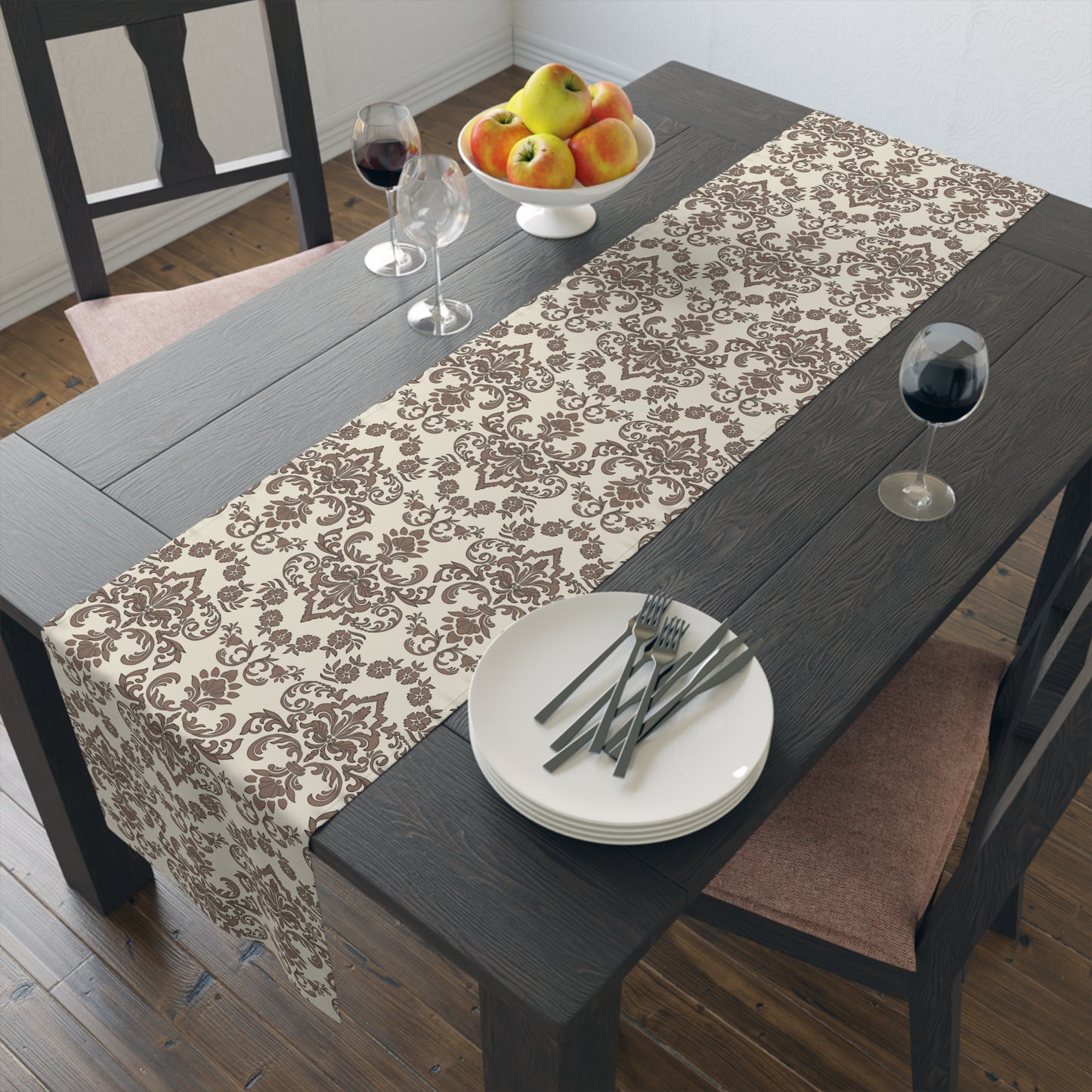 Baroque Mocha Table Runner - 16" x 72" or 16" x 90" Sizes, Elegant Damask Table Runner, Mocha Brown Table Decor, Thanksgiving Table Runner, Cotton Twill or Polyester material choices