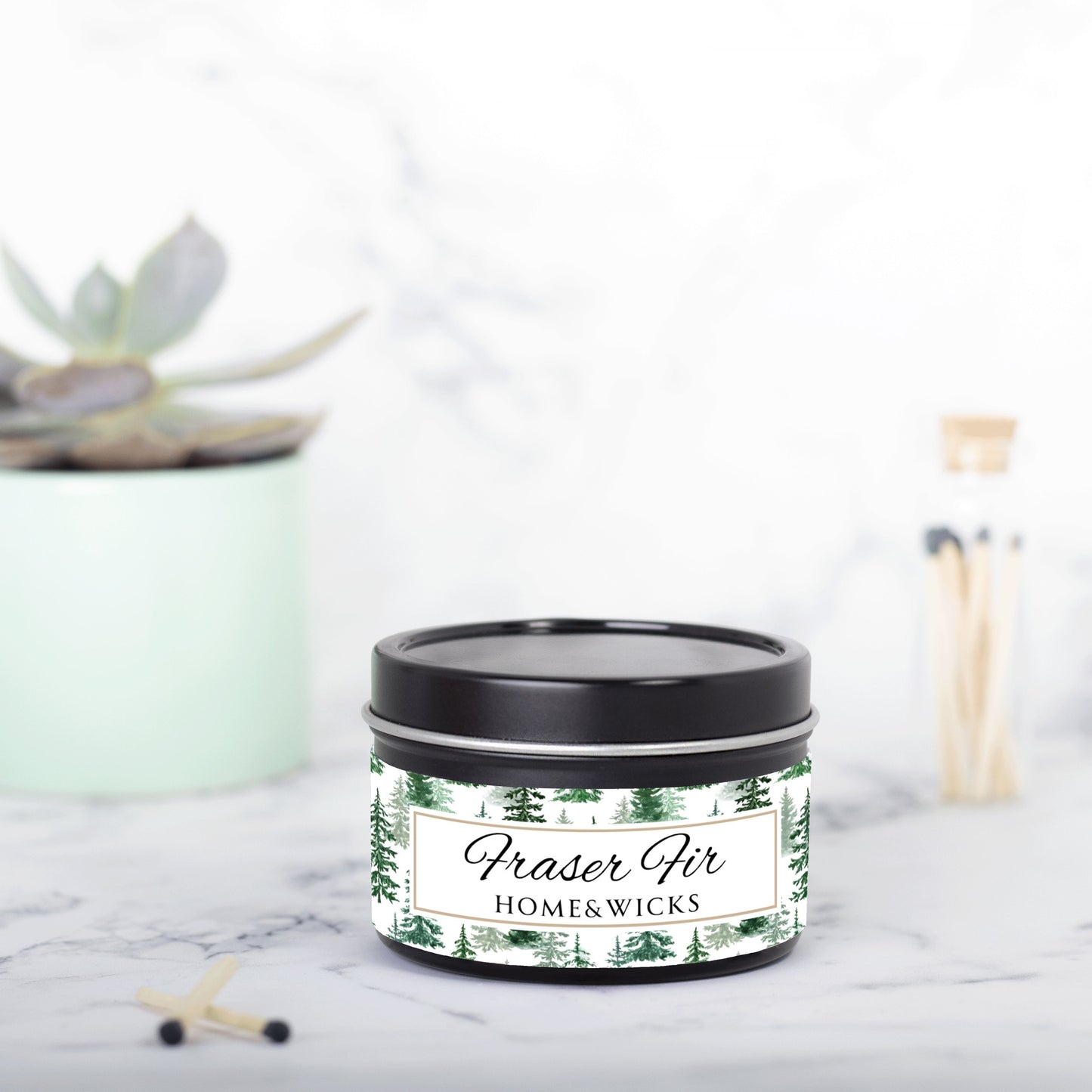 Fraser Fir Coconut Soy Wax Candle, 4 oz. Black Tin Jar with Lid - Christmas Candle, Holiday Decor, Winter Candle