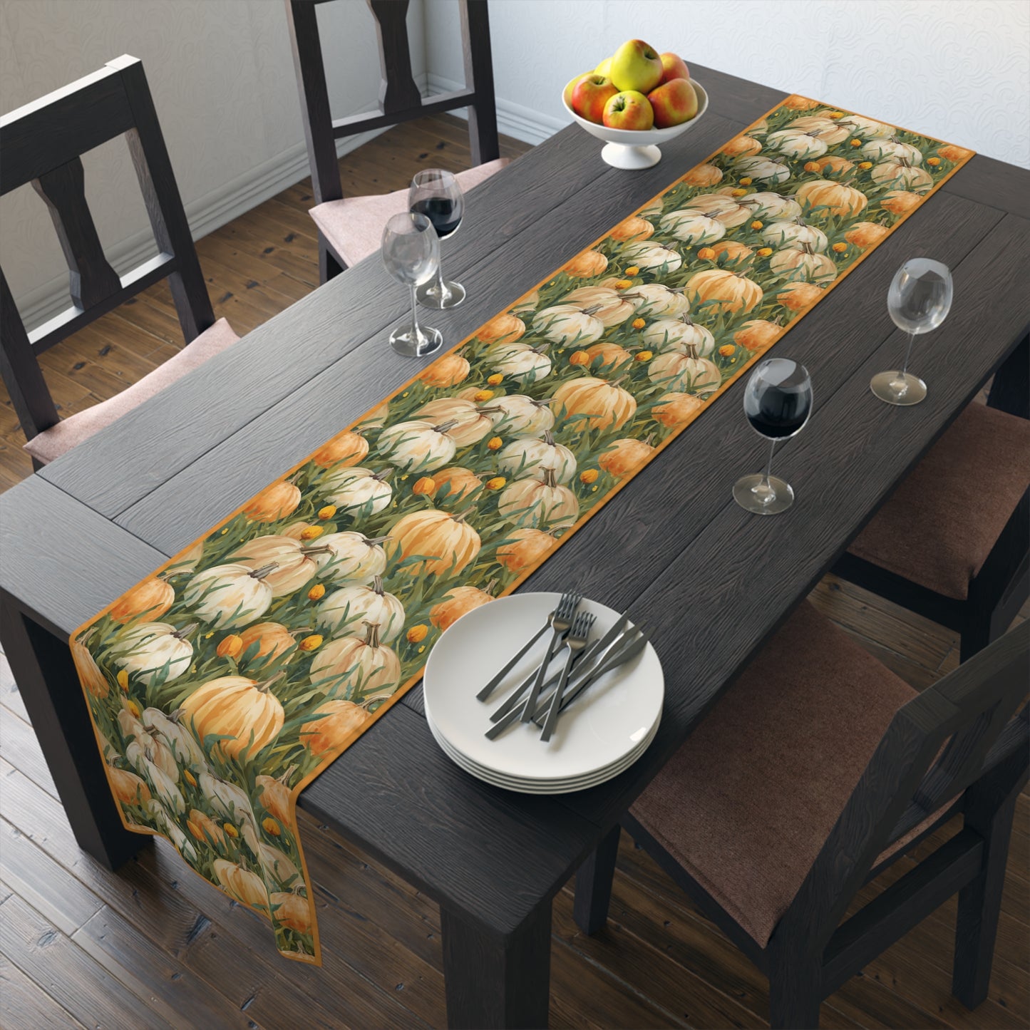 Pumpkin Patch Table Runner, 16" x 72" or 16" x 90" Sizes, Fall Table Decor, Thanksgiving Table Runner, Autumn Table Setting, Halloween Table Runner - Cotton Twill or Polyester material choices