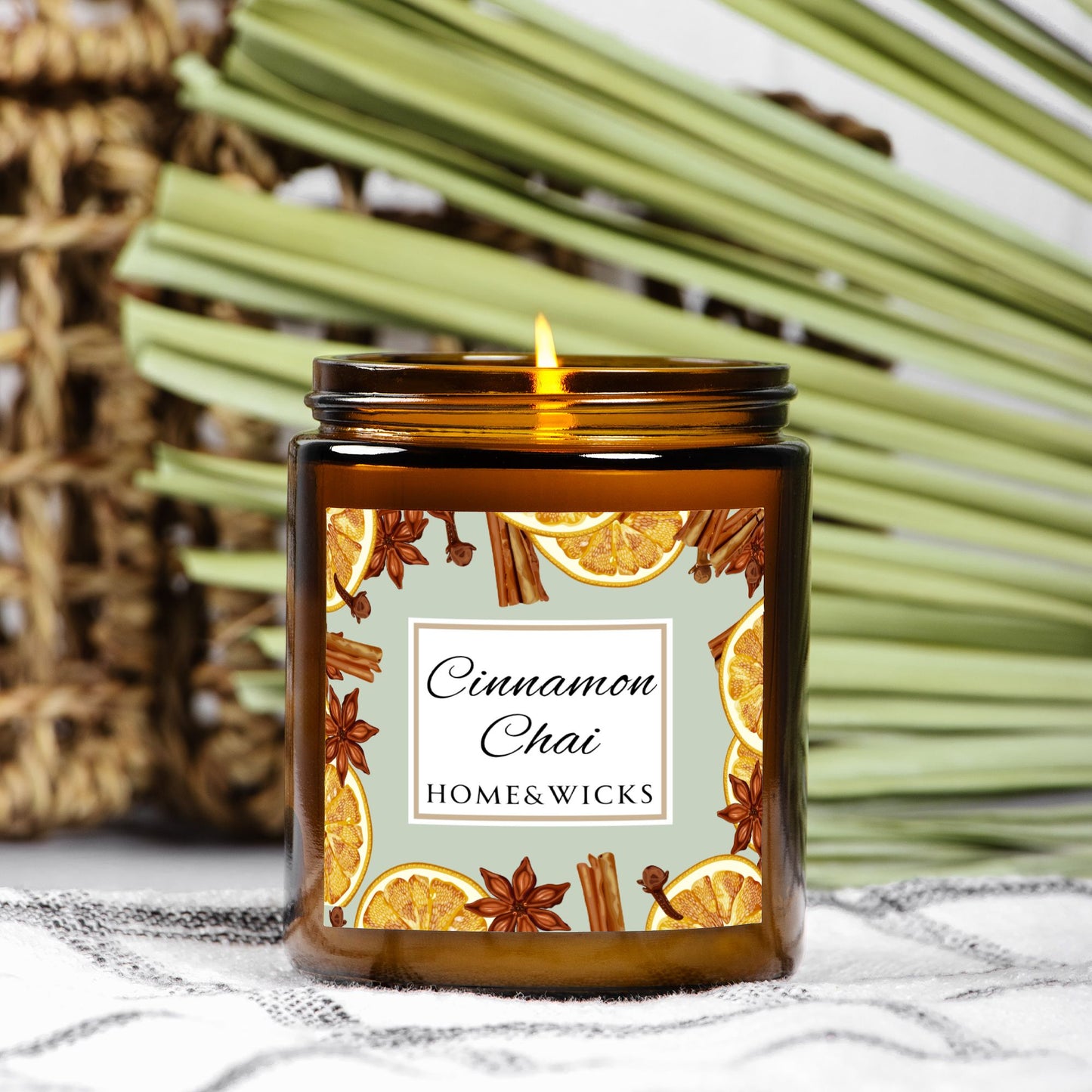 Cinnamon Chai Coconut Apricot Wax Candle, 9 oz. Amber Jar with Gold Lid, Cotton Wick- Cozy Aromatherapy, Spicy Scented Candle, Fall, Winter Candle