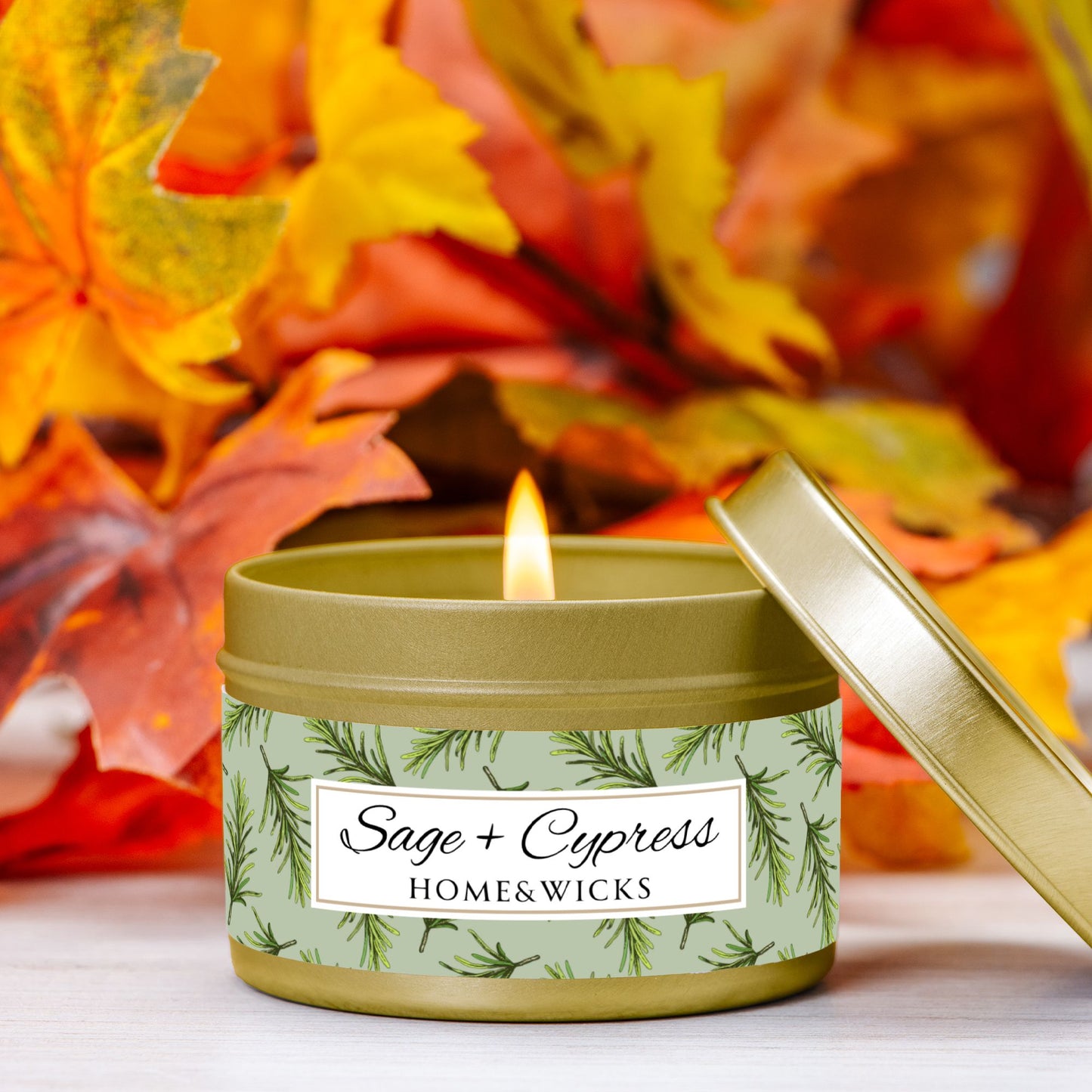 Sage & Cypress Coconut Soy Wax Candle, 4 oz. Gold Tin Jar with Lid - Aromatic Scented Candle, Captivating Scented Candle, Fall Candle