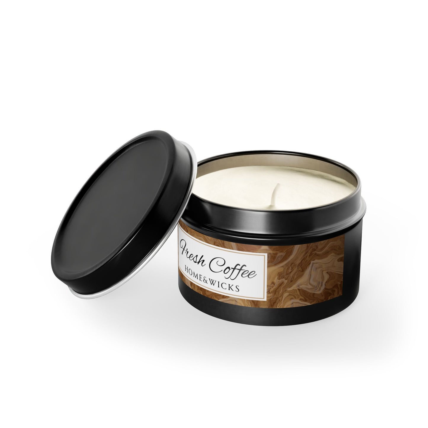 Fresh Coffee Scented Coconut Soy Wax Candle, 4 oz. Black Tin Jar with Lid - Cozy Home Decor, Garamond, Aromatherapy Gift, Relaxing Coffee Candle