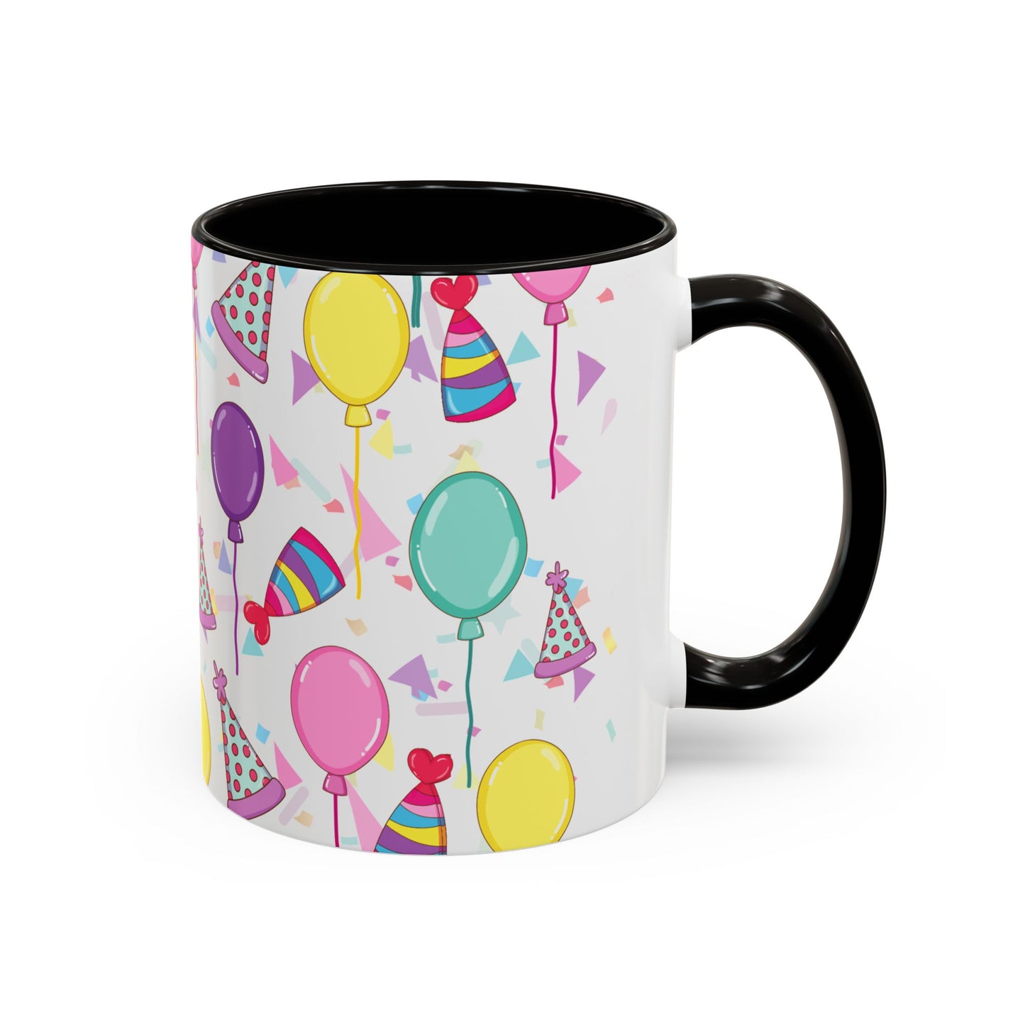 Happy Birthday mug with black accent color with birthday hats, confetti and balloons pattern on a white background