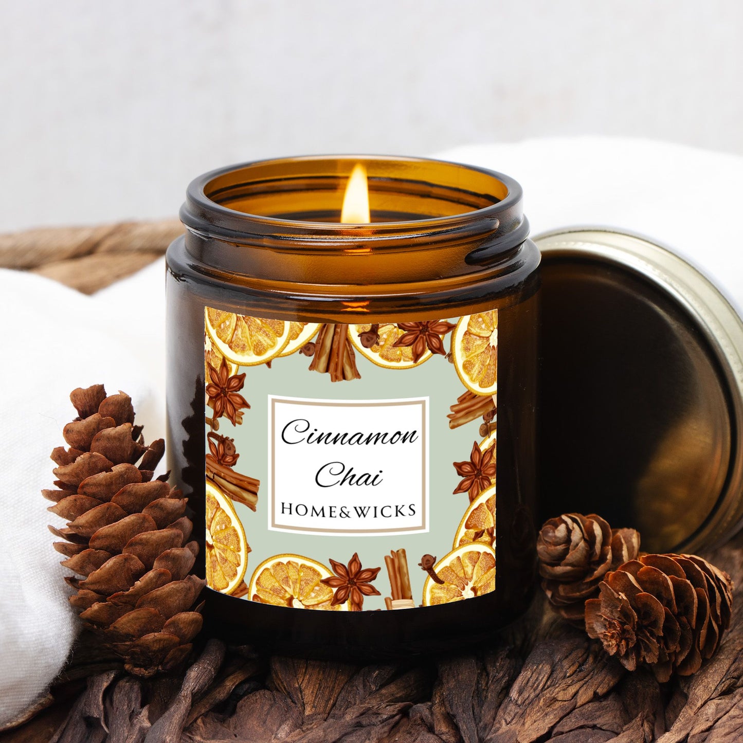 Cinnamon Chai Coconut Apricot Wax Candle, 4 oz. Amber Jar with Gold Lid, Cotton Wick- Cozy Aromatherapy, Spicy Scented Candle, Fall, Winter