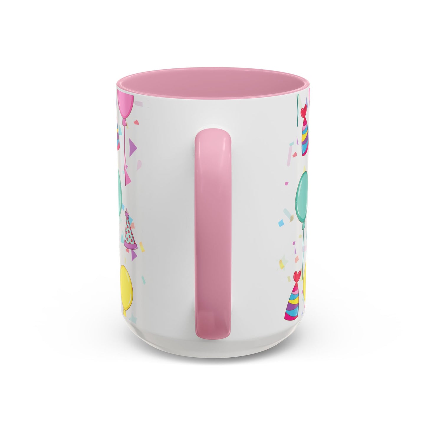 Happy Birthday mug with pink accent color with birthday hats, confetti and balloons pattern on a white background