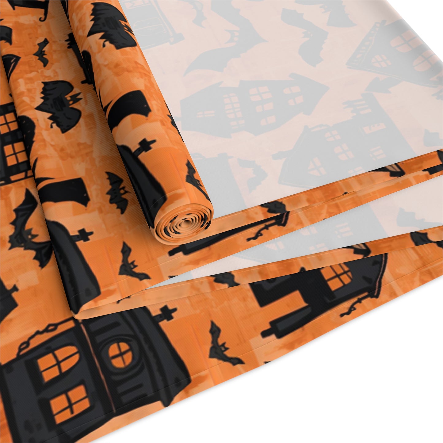 Haunted Houses Halloween Themed Table Runner- 16" x 72" or 16" x 90" Sizes, Spooky Home Decor, Halloween Party Decoration, Halloween Table Runner - Cotton Twill or Polyester material choices