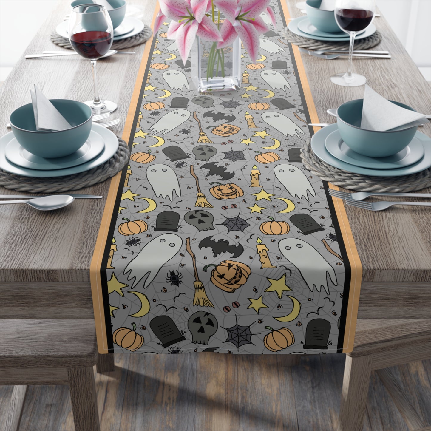 Halloween Fun Table Runner - 16" x 72" or 16" x 90" Size Options - Halloween Table Runner, Halloween Design Table Setting, Halloween Party Decor - Cotton Twill or Polyester choices