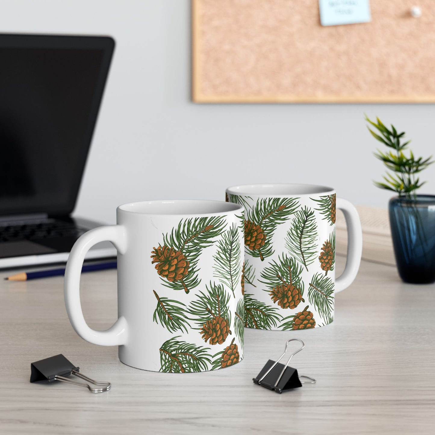 Needles & Cones Ceramic Mug - 11 oz. & 15 oz. options, Christmas Coffee Cup, Holiday Gift, Christmas Mug