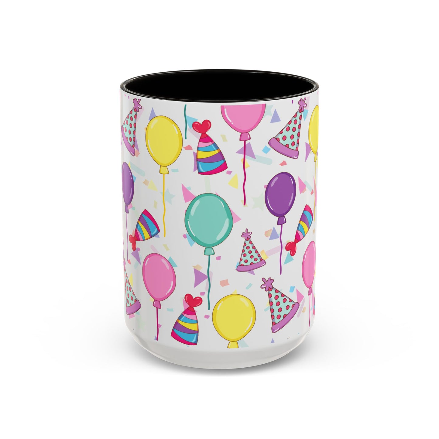 Happy Birthday mug with black accent color with birthday hats, confetti and balloons pattern on a white background