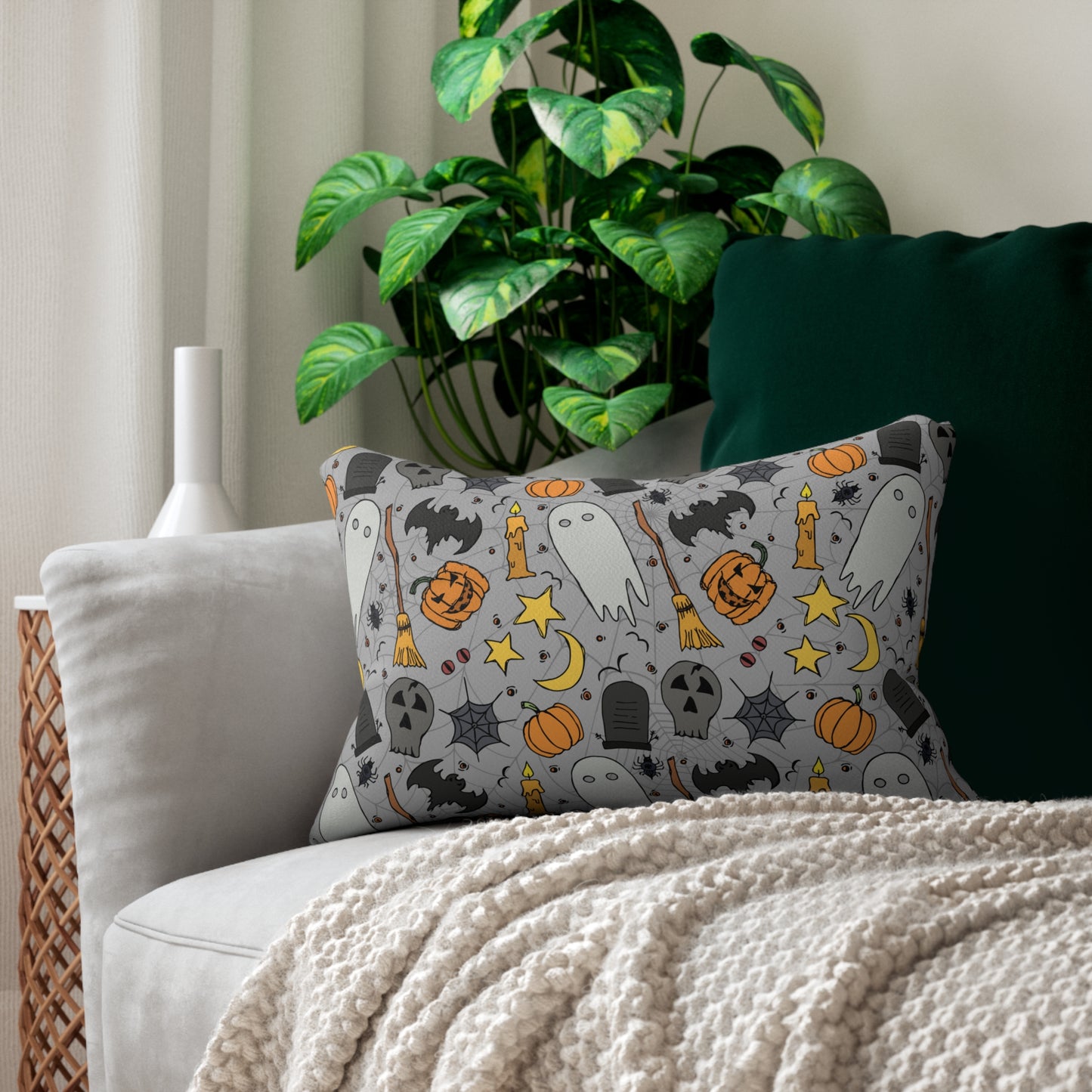 Halloween Fun Lumbar Pillow - Spooky Home Decor, Halloween Throw Pillow, Home Accent, Ghost and Pumpkin Design, Cozy Living Room Decor, Halloween Decorative Pillow