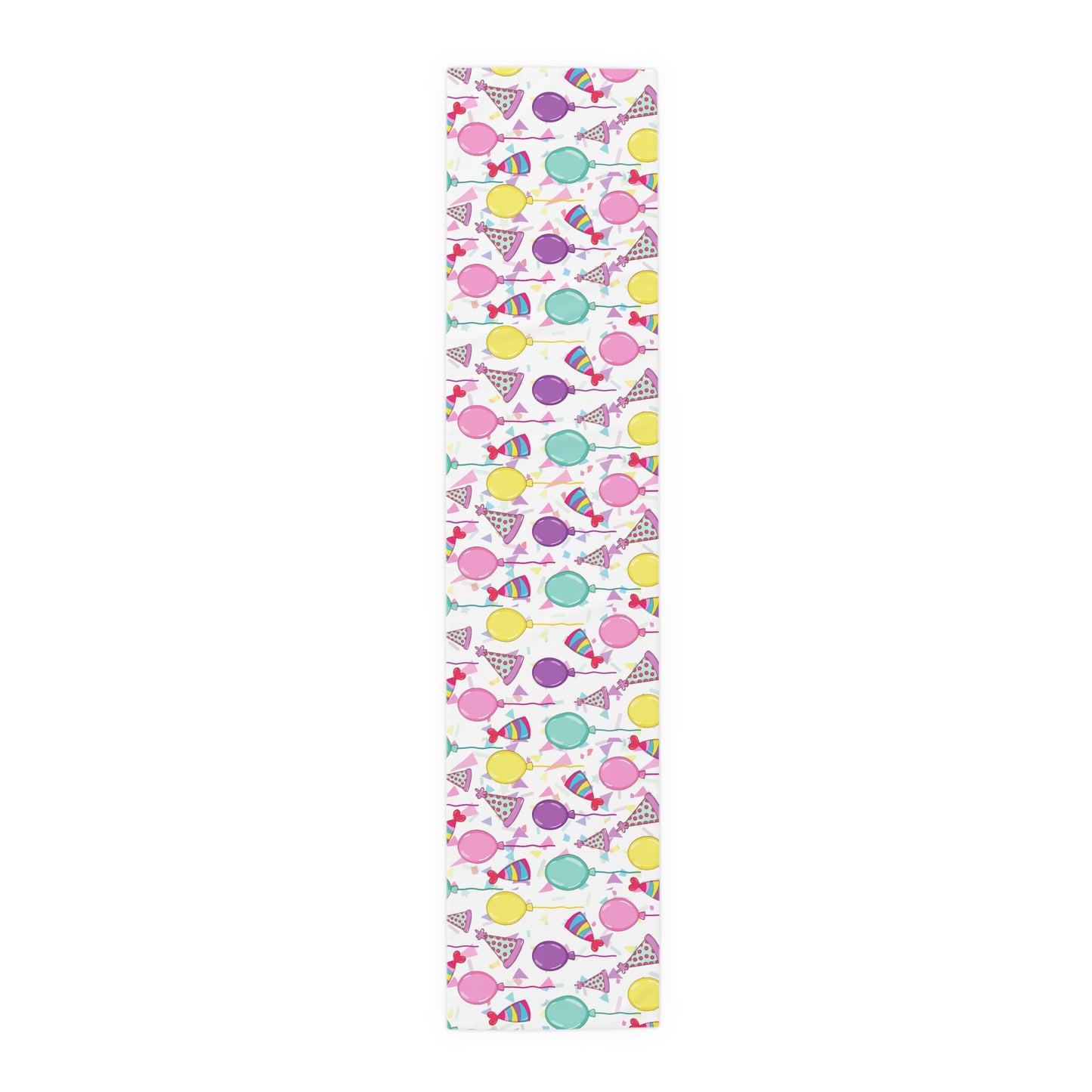 Table runner with birthday hats, confetti and purple, yellow, blue and pink balloons on a white background