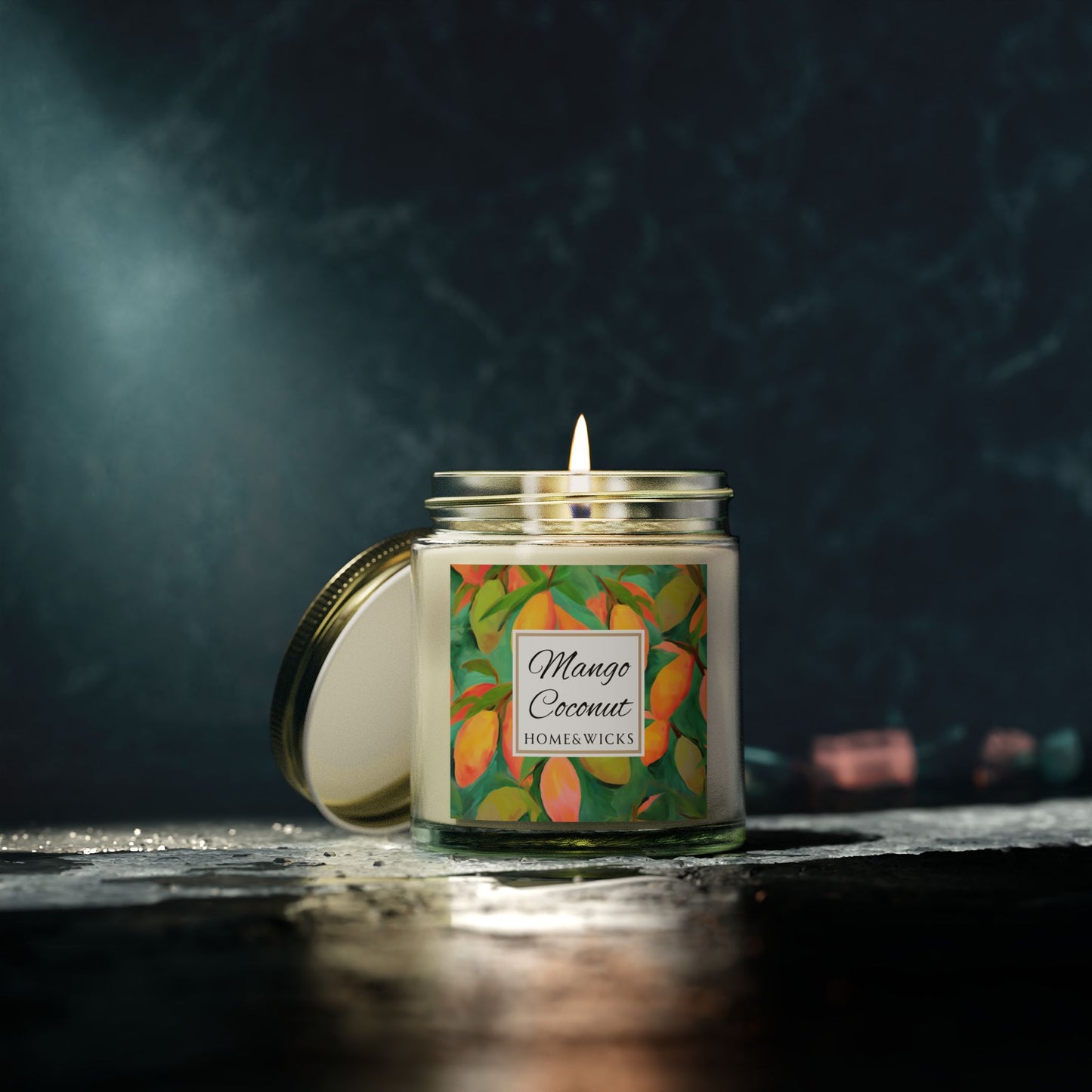 Mango Coconut Scented Coconut Apricot Wax Candle, 4 oz. Clear Jar with Gold Lid - Fruity Candle, Gift for Her, Tropical Candle