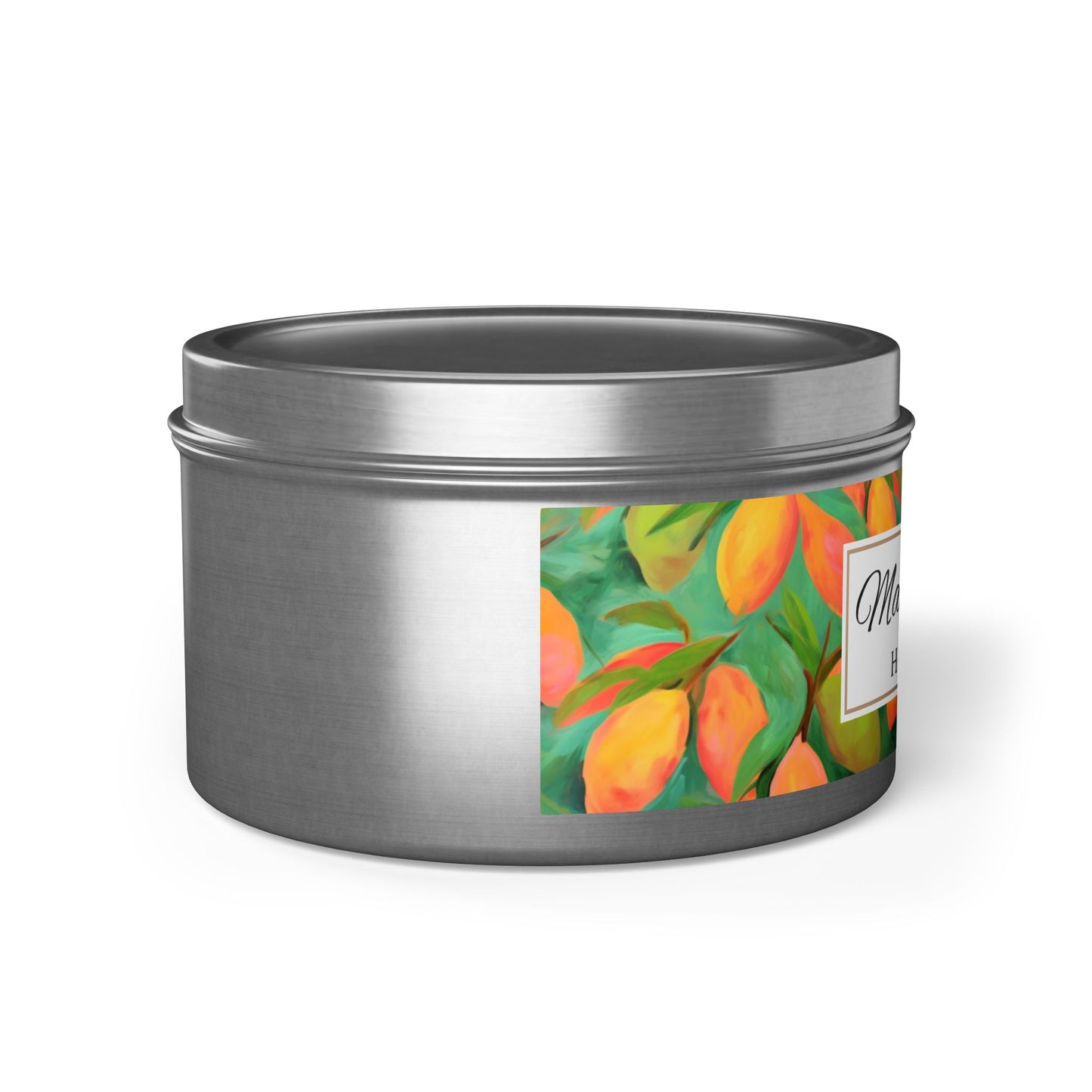 Mango Coconut Scented Coconut Apricot Wax Candle, 8 oz. Silver Tin Jar with Lid - Fruity Candle, Gift for Her, Tropical Candle, Summer Decor