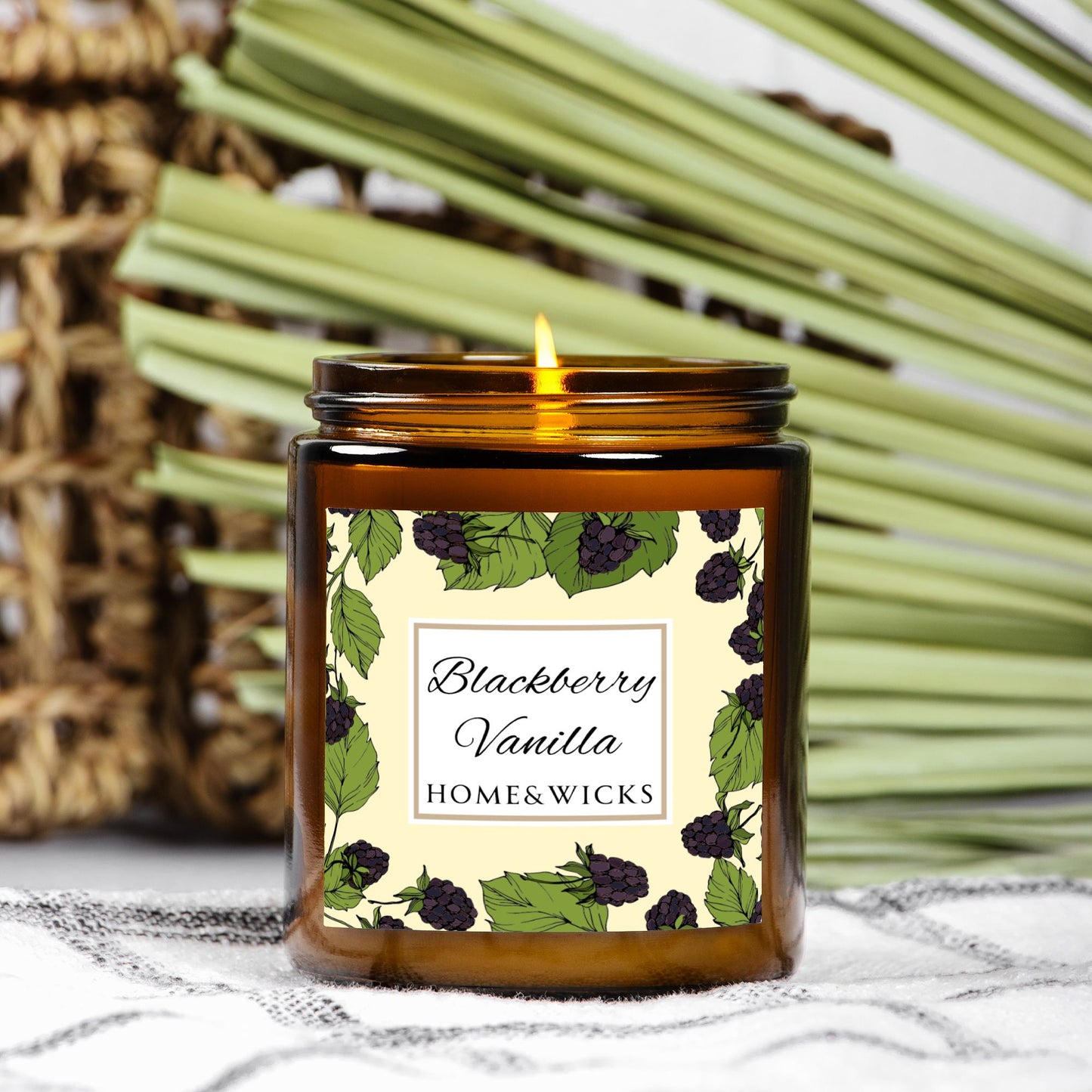 Blackberry Vanilla Coconut Apricot Wax Candle, 9 oz Amber Jar, Gold Wood Lid - Fruity Scented Candle, Fruit Decor Gift, Cozy Aromatherapy