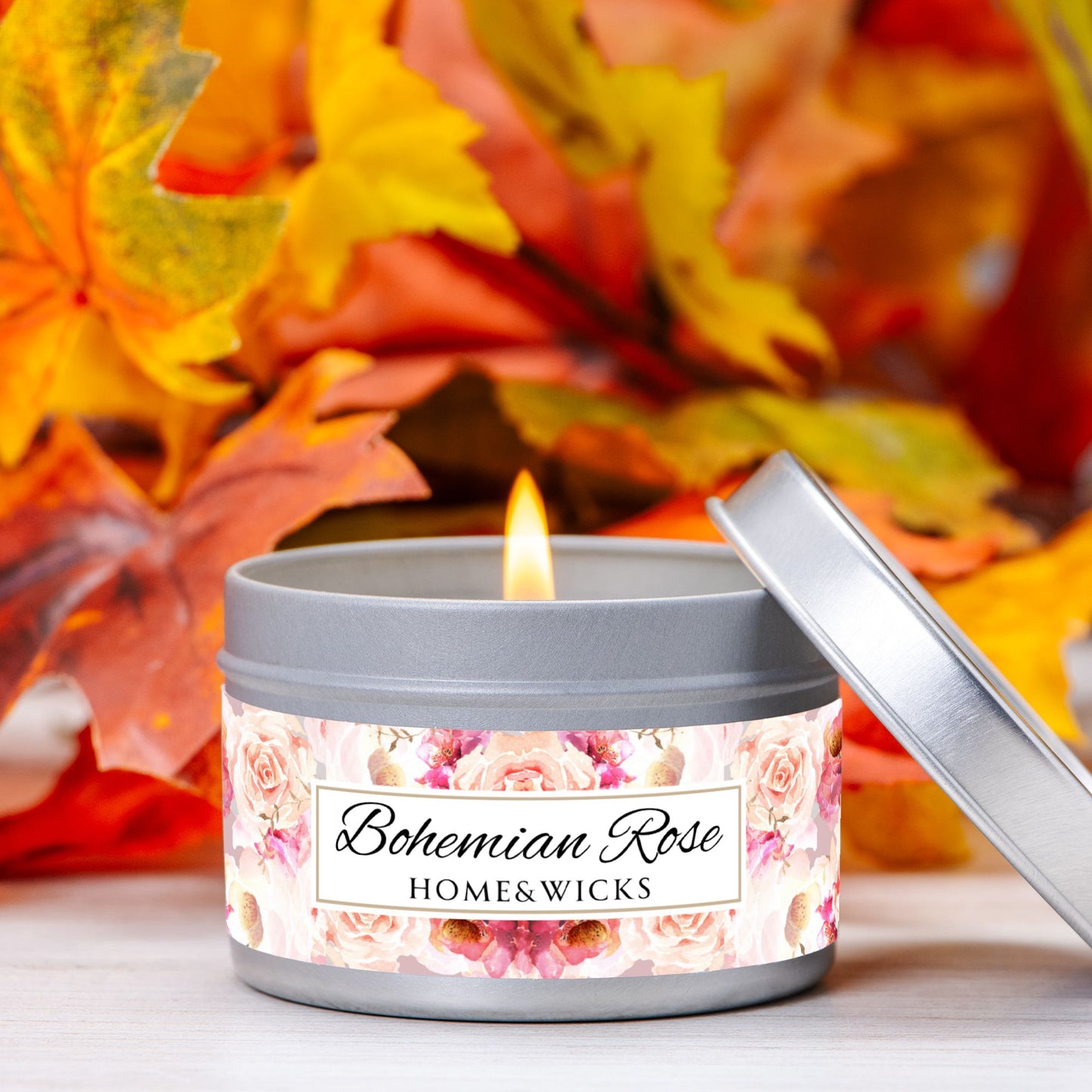 Bohemian Rose Coconut Soy Wax Candle, 4 oz. Silver Tin Jar with Lid - Rose Scented Candle, Floral Candle, Valentines Day Gift