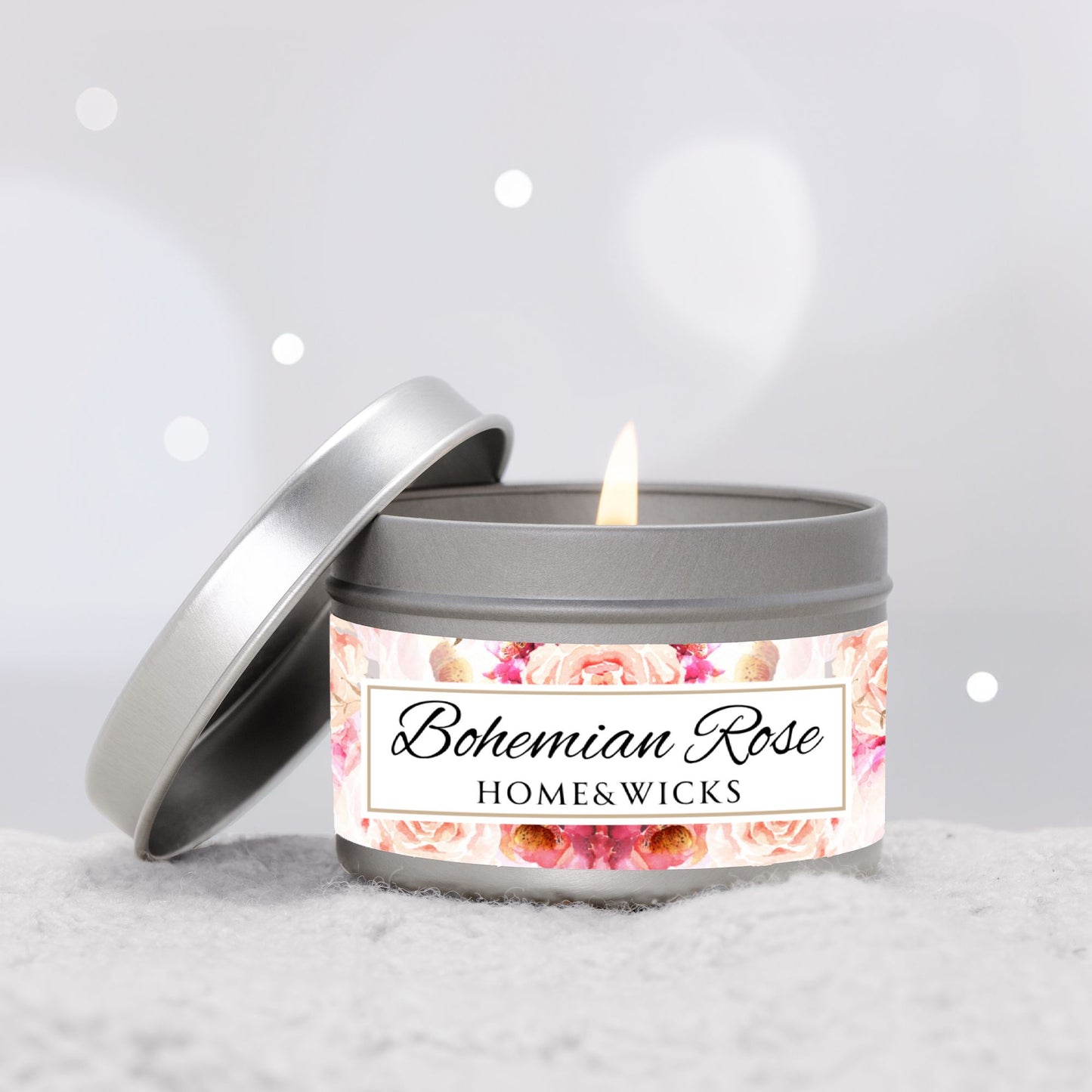 Bohemian Rose Coconut Soy Wax Candle, 4 oz. Silver Tin Jar with Lid - Rose Scented Candle, Floral Candle, Valentines Day Gift