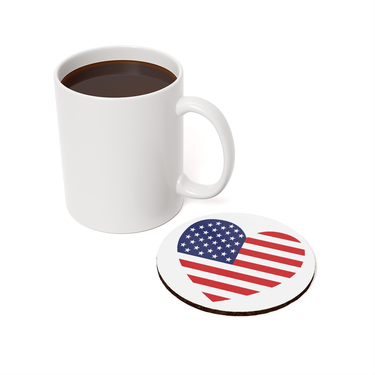 American Flag Heart Round Hardboard Coaster, Cork Backing 3.75"x3.75", USA Flag Coaster Memorial Day, 4th of July Decor, Priced per coaster