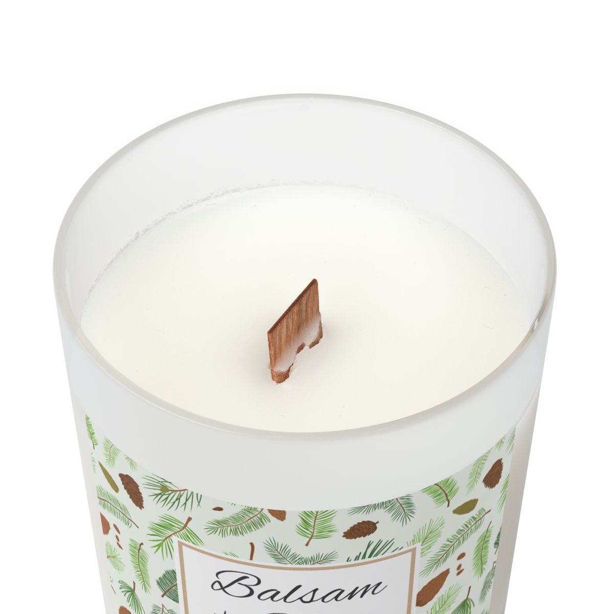 Wood wick candle with 'Balsam + Cedar' label with cones and cedar leaves on a white background by Home & Wicks the candle with a decorative label featuring nature-themed graphics on a white background
