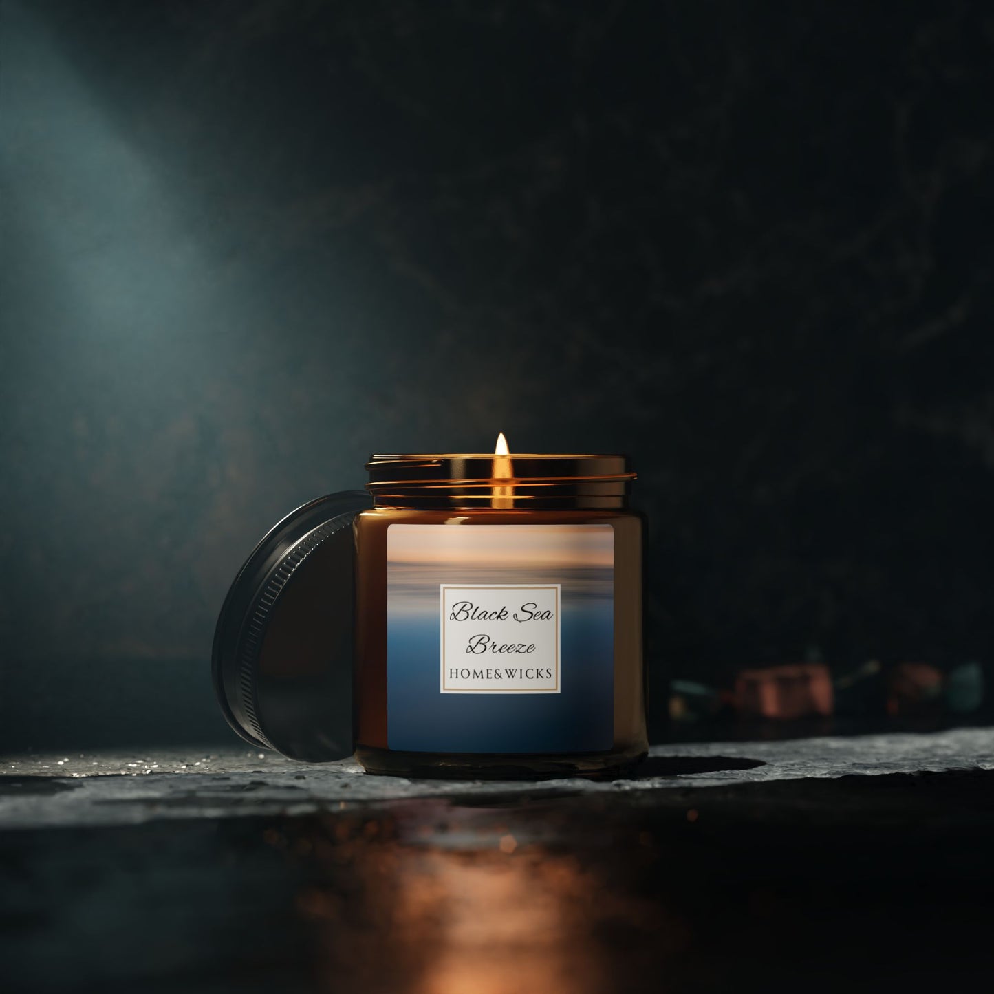 Homer&Wicks candle labeled 'Black Sea Breeze' with a dark background