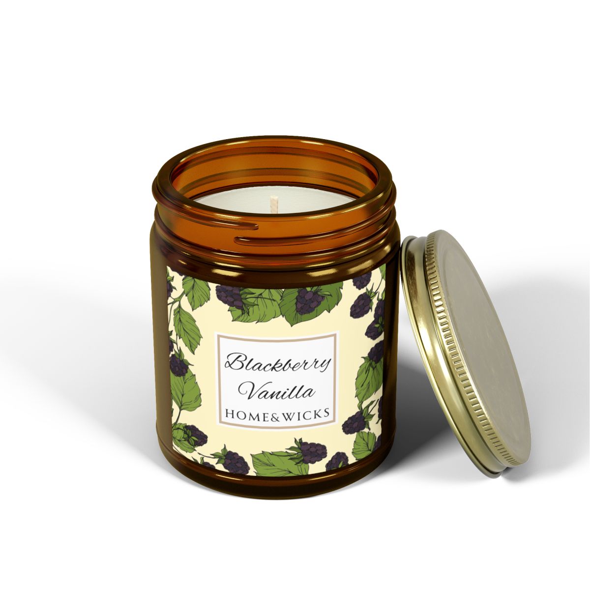 Blackberry Vanilla Coconut Apricot Wax Candle, 9 oz Amber Jar, Gold Wood Lid - Fruity Scented Candle, Fruit Decor Gift, Cozy Aromatherapy