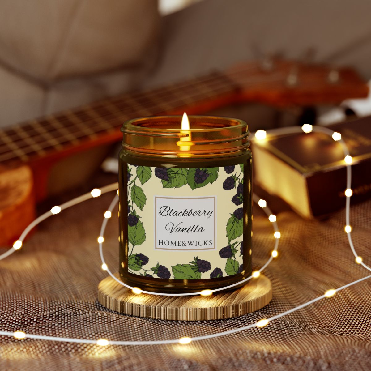Blackberry Vanilla Coconut Apricot Wax Candle, 9 oz Amber Jar, Gold Wood Lid - Fruity Scented Candle, Fruit Decor Gift, Cozy Aromatherapy