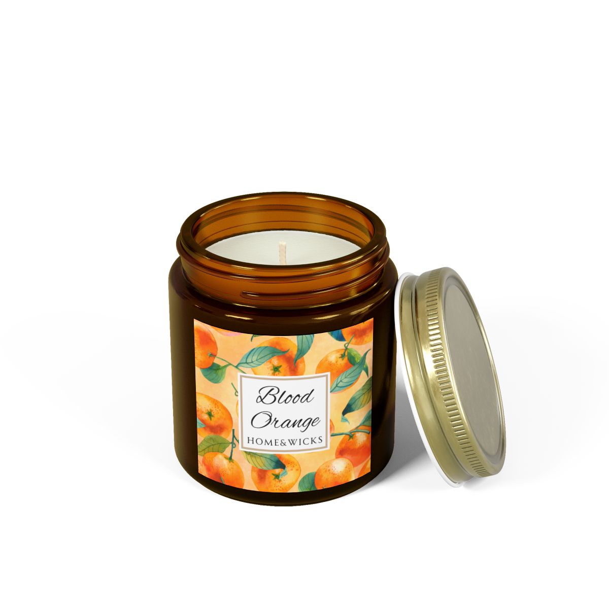 Blood Orange candle in an amber glass jar with gold lid with 'Blood Orange' label featuring oranges illustration on a white background by Home & Wicks