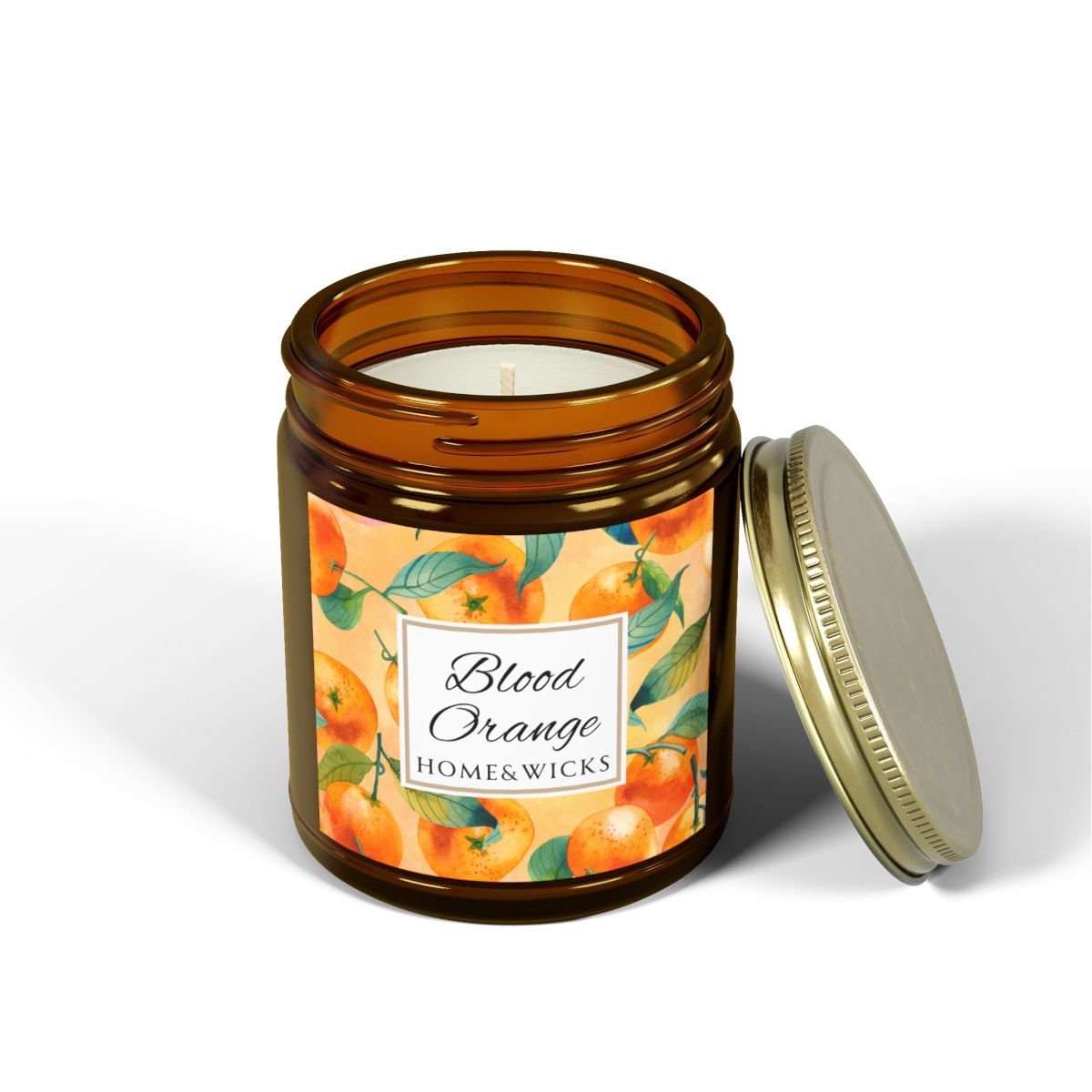 Blood Orange cotton wicked apricot coconut wax candle in an amber jar with gold lid and with 'Blood Orange' label and orange design on a white background by Home & Wicks