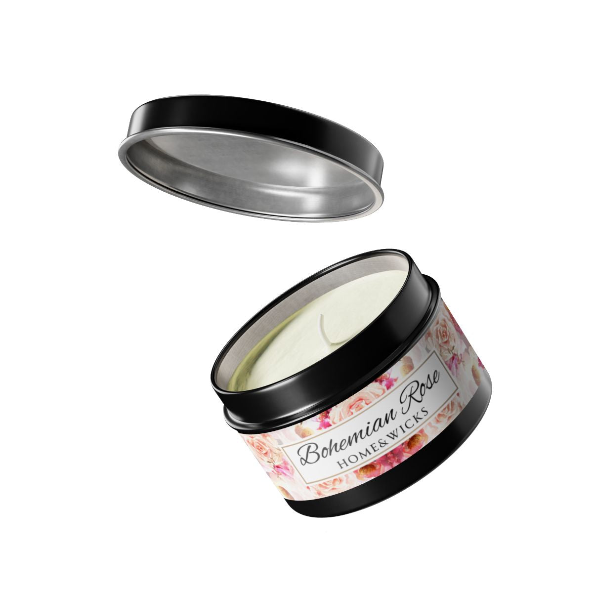 Bohemian Rose Coconut Soy Wax Candle, 4 oz. Black Tin Jar with Lid - Rose Scented Candle, Floral Candle, Valentines Day Gift