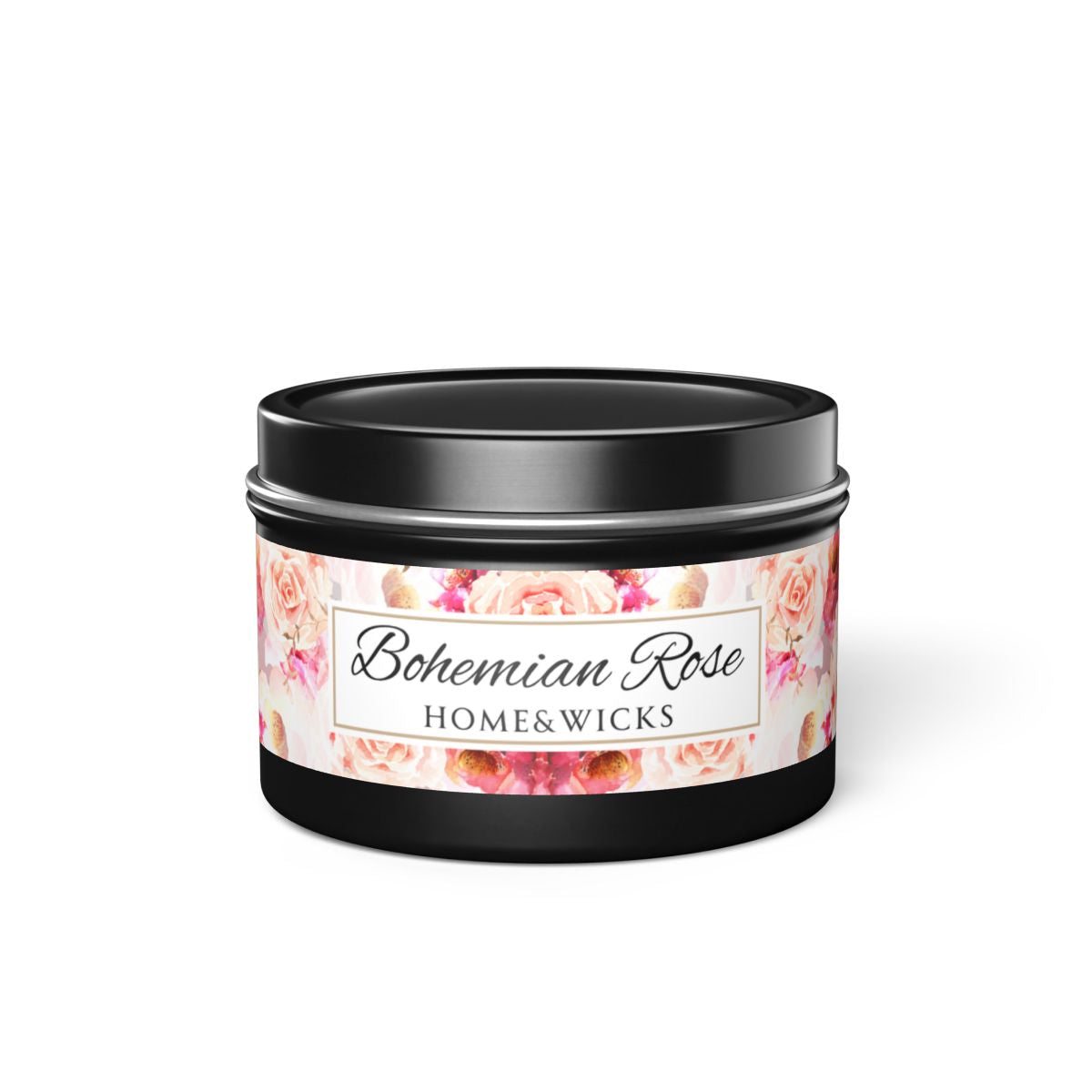 Bohemian Rose Coconut Soy Wax Candle, 4 oz. Black Tin Jar with Lid - Rose Scented Candle, Floral Candle, Valentines Day Gift