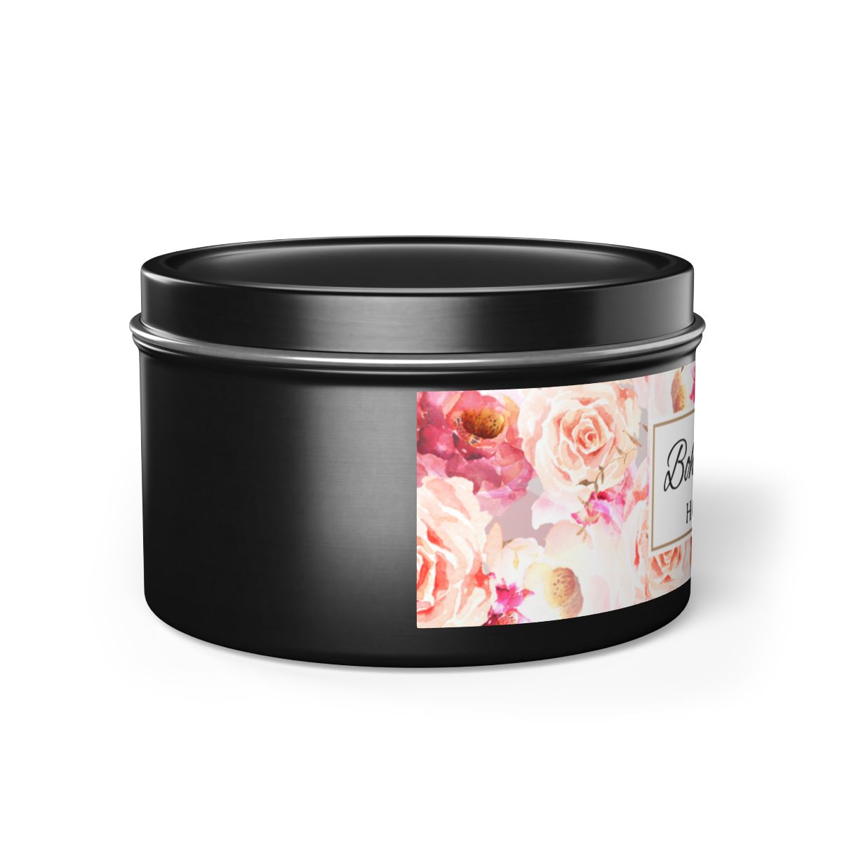 Bohemian Rose Coconut Soy Wax Candle, 8 oz. Black Tin Jar with Lid - Rose Scented Candle, Floral Candle, Valentines Day Gift